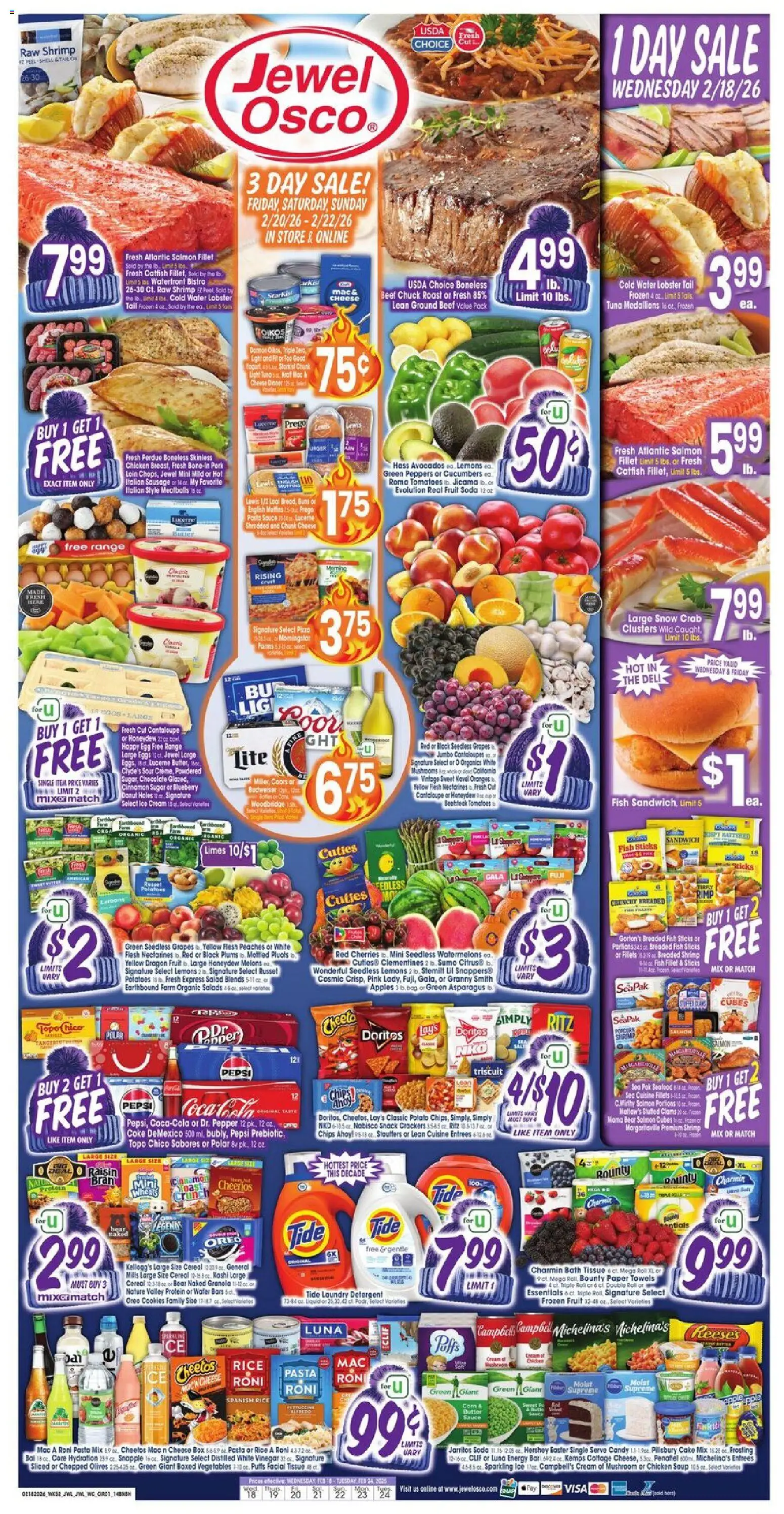Ad Preview of Jewel Osco Weekly Ad from 02/18/2026 - Salad, Shrimp, Protein, Oreo, Olives, Crackers, Laundry detergent, Salmon fillet