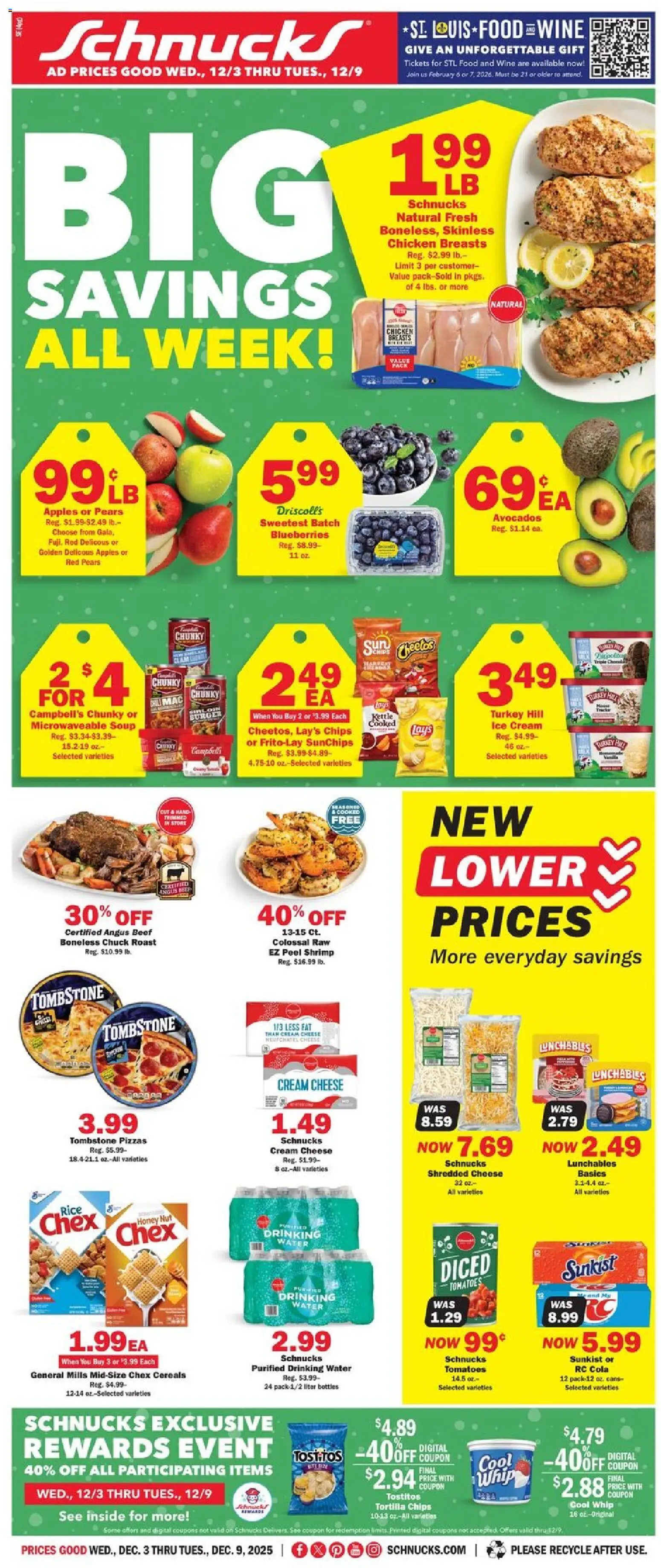 Ad Preview of Schnucks Weekly Print Ad - IN from 12/03/2025 - Apples, Water, Ice, Wine, Chips, Cream cheese, Tortilla chips, Chicken