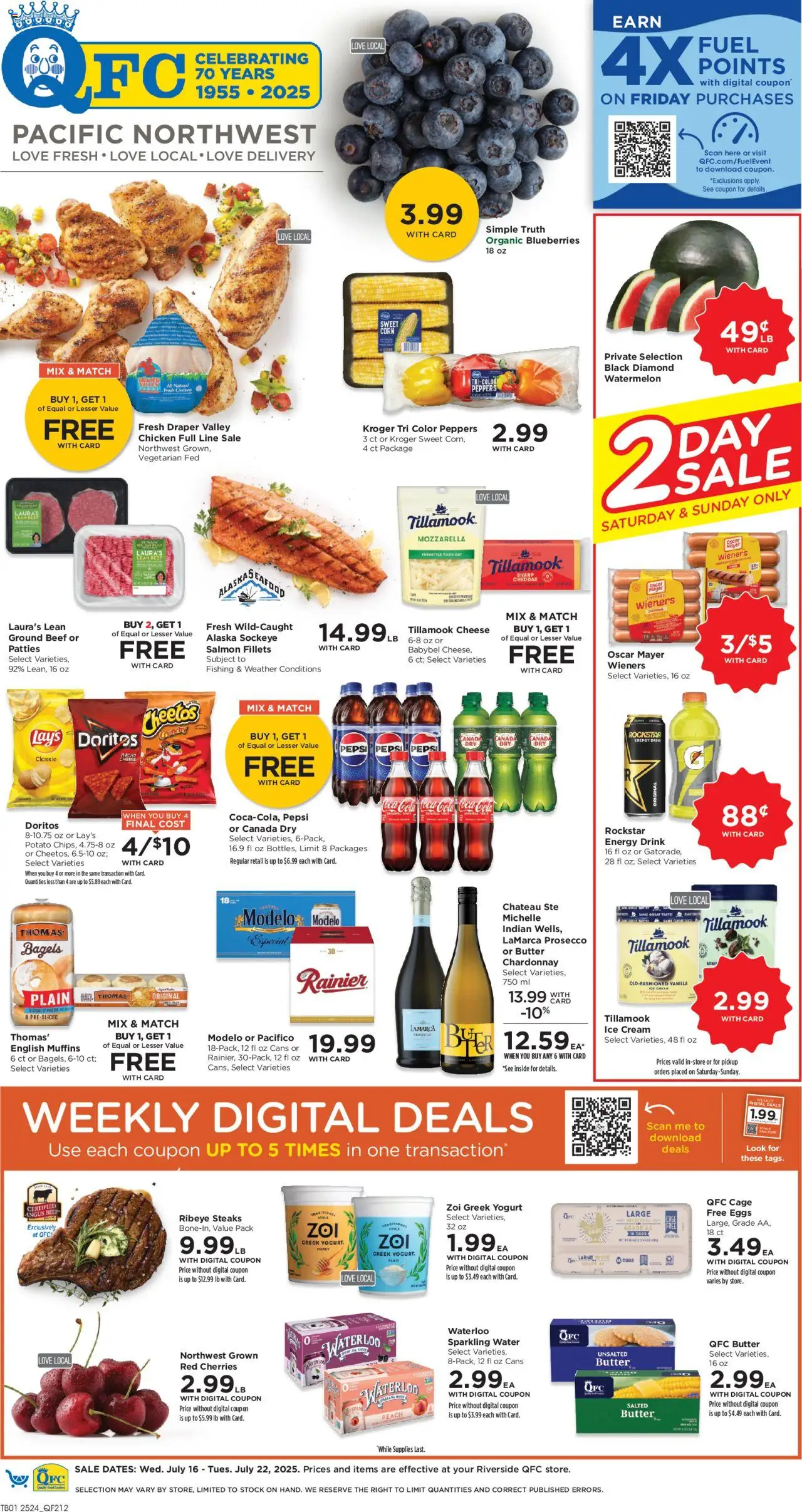 QFC Weekly Ad - WA from 07/16/2025 - Flyer - Page number 1 - Cherries, Watermelon, Ice, Blueberries, Mozzarella, Energy drink, Pepsi, Muffins