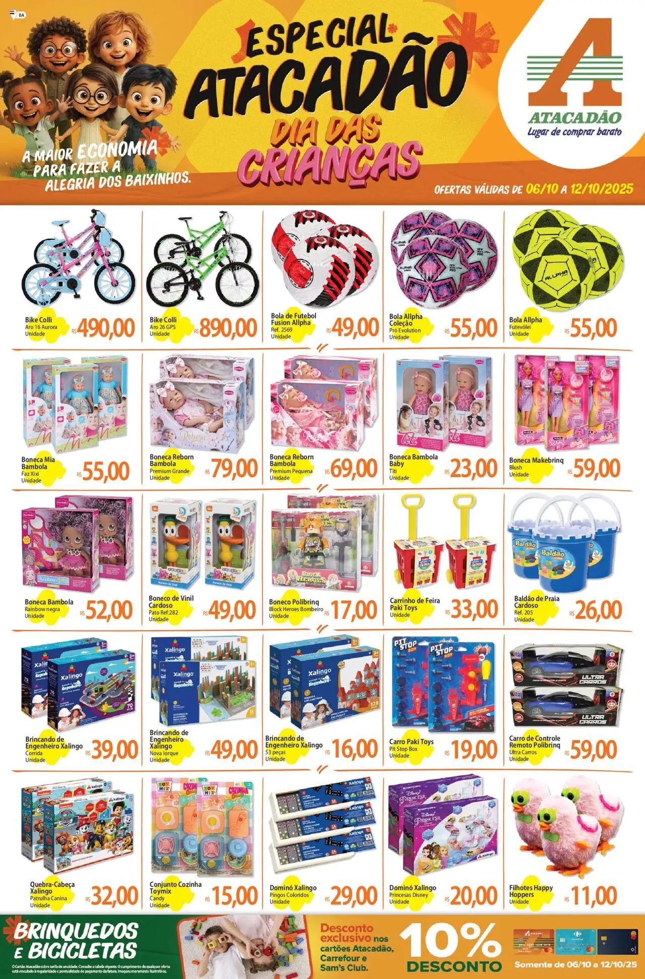Pré-Visualização do folheto "Ofertas - BA" da loja Atacadão válido a partir de 06/10/2025 - Brinquedos, Boneca, Bola de futebol, Pato, Carrinho, Blush