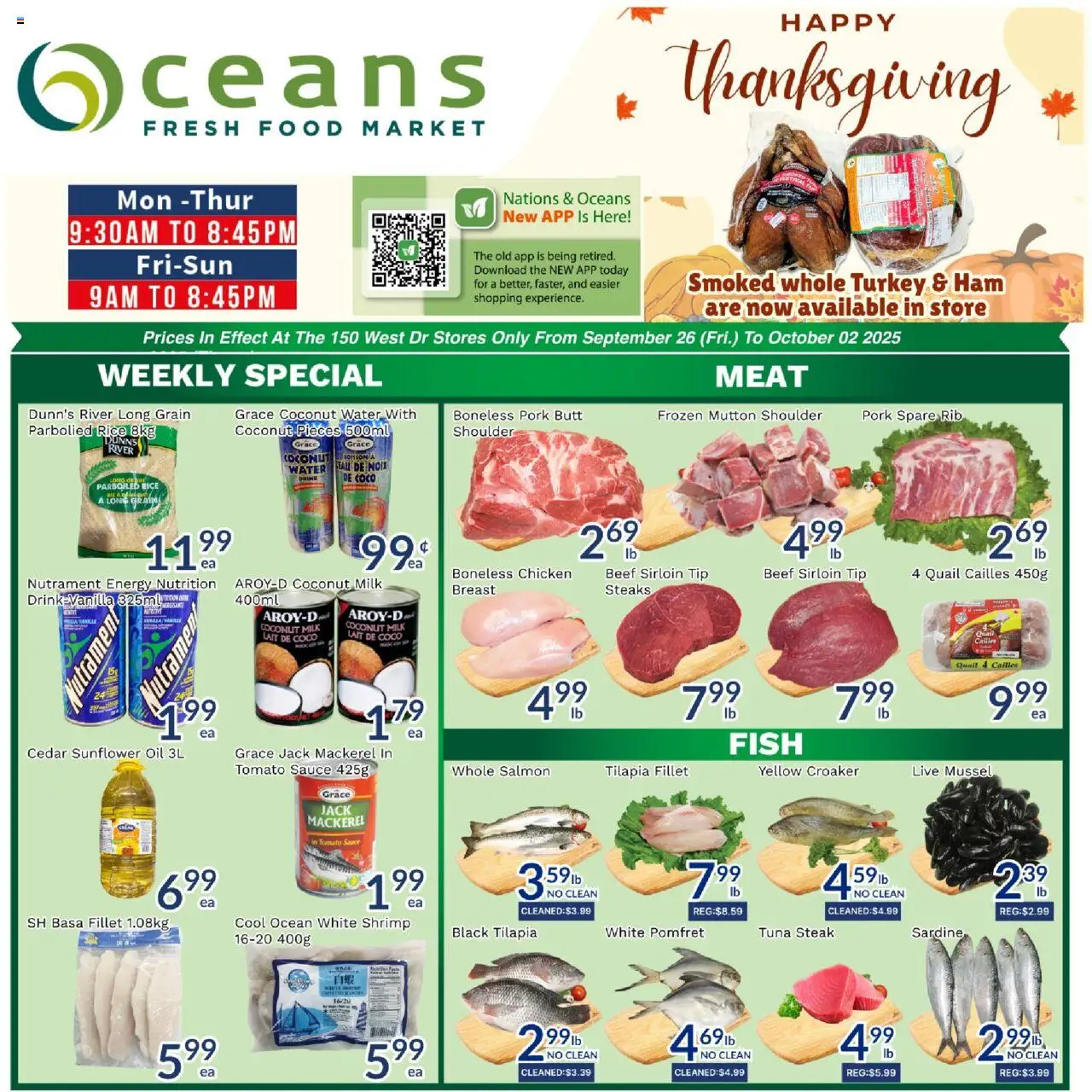 Oceans flyer valid from Sep 26, 2025 - page number 1 - Chicken, Shrimp, Milk, Coconut, Tuna, Ham, Pork, Mackerel