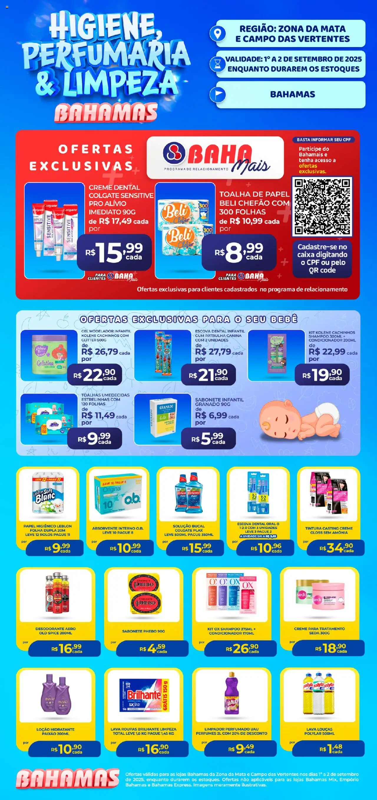 Bahamas Supermercados folheto "Ofertas Higiene e Limpeza" válido a partir de 01/09/2025 - número de página 1 - Caixa, Roupas, Desodorante, Sabonete, Creme, Papel higiênico, Condicionador, Solução bucal
