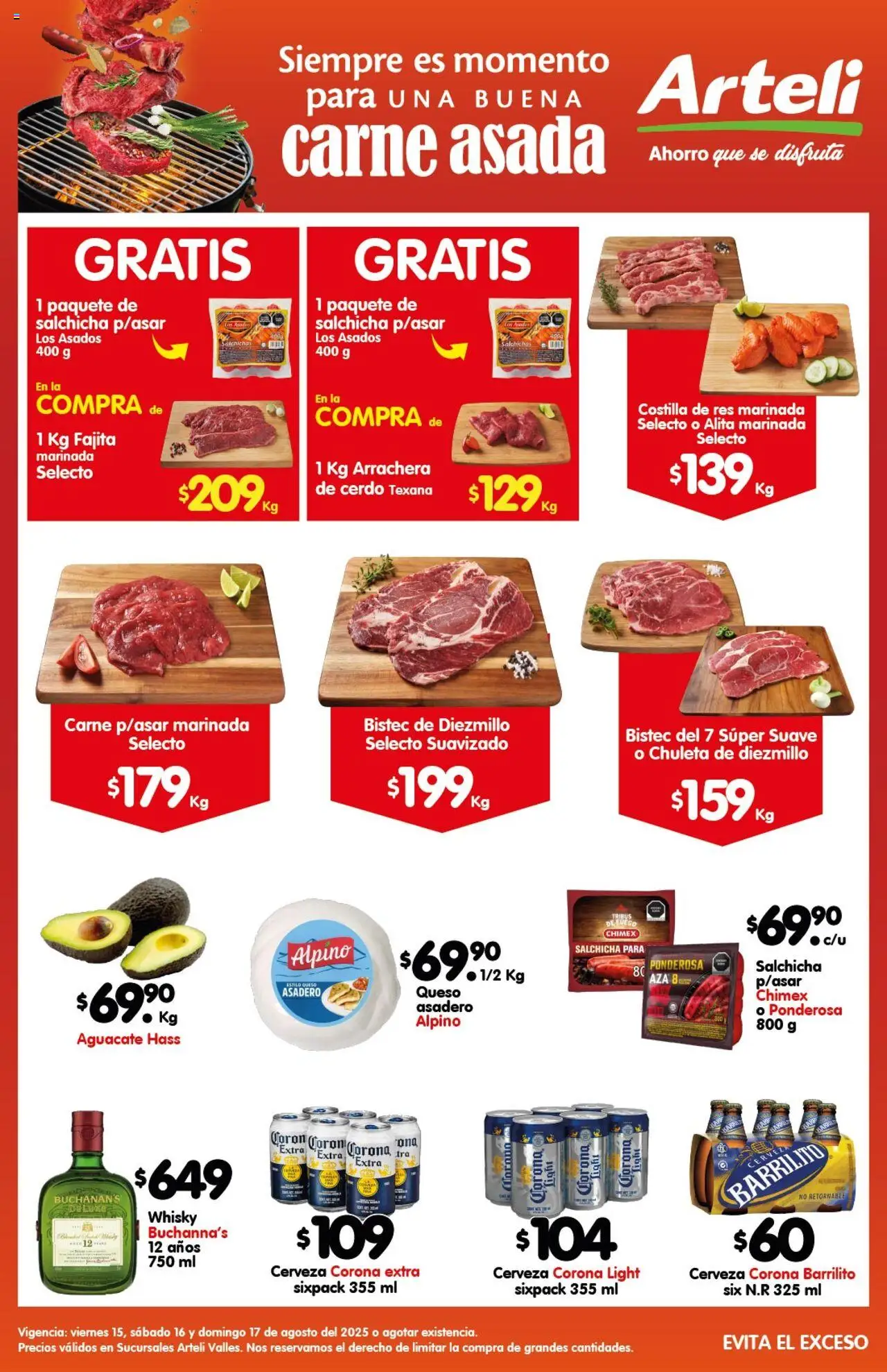 Folleto Valles Carnes & Cortes Arteli y sus promociones válidas desde el 15/08/2025 - Número de página 1 - Whisky, Cerveza, Aguacate, Cerdo, Cerveza Corona, Bistec, Res, Chuleta
