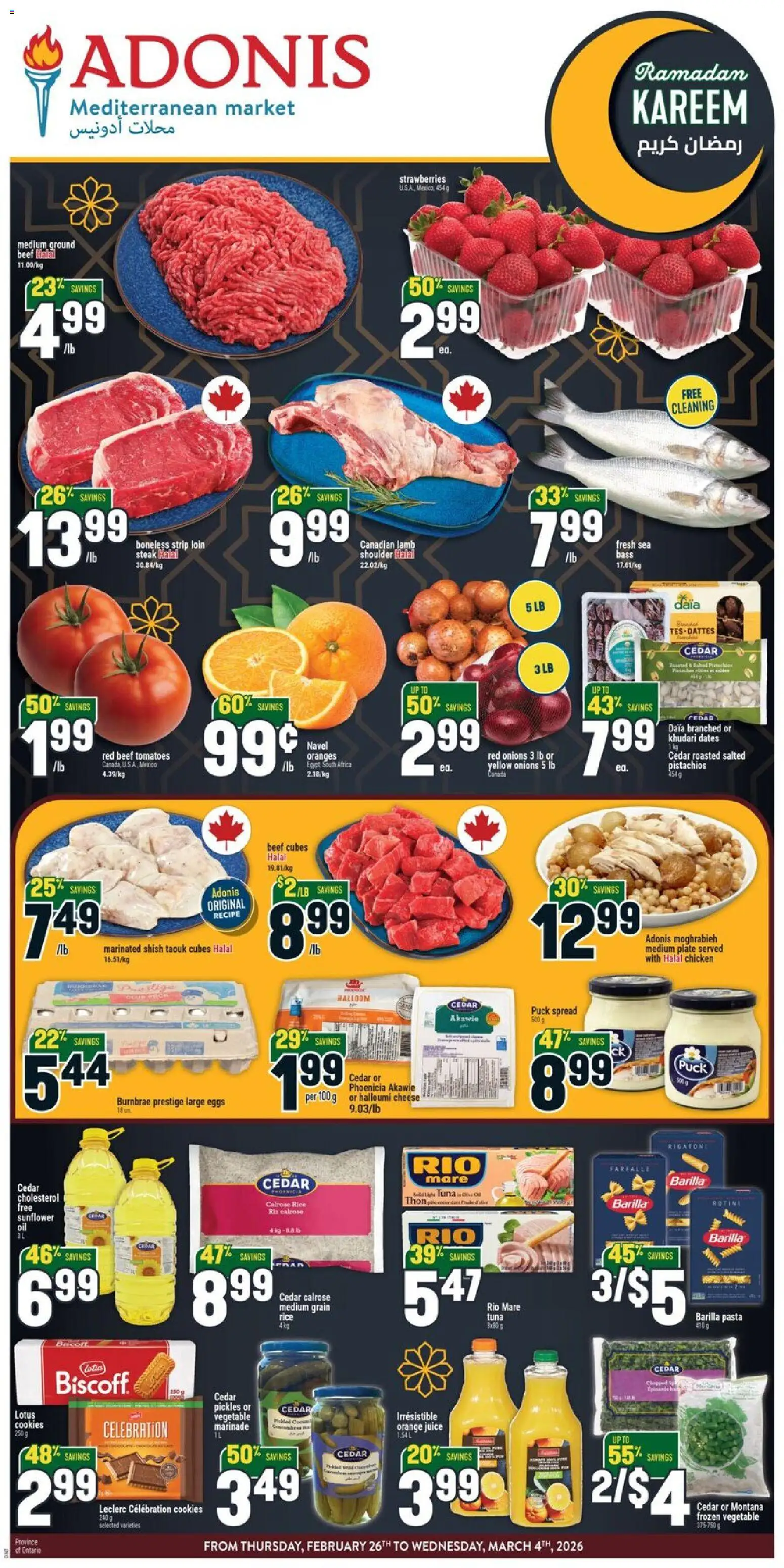 Preview of leaflet Weekly Flyer from shop Adonis is valid from Feb 26, 2026 - Chicken, Pasta, Cookies, Steak, Eggs, Cheese, Lotus, Tomatoes