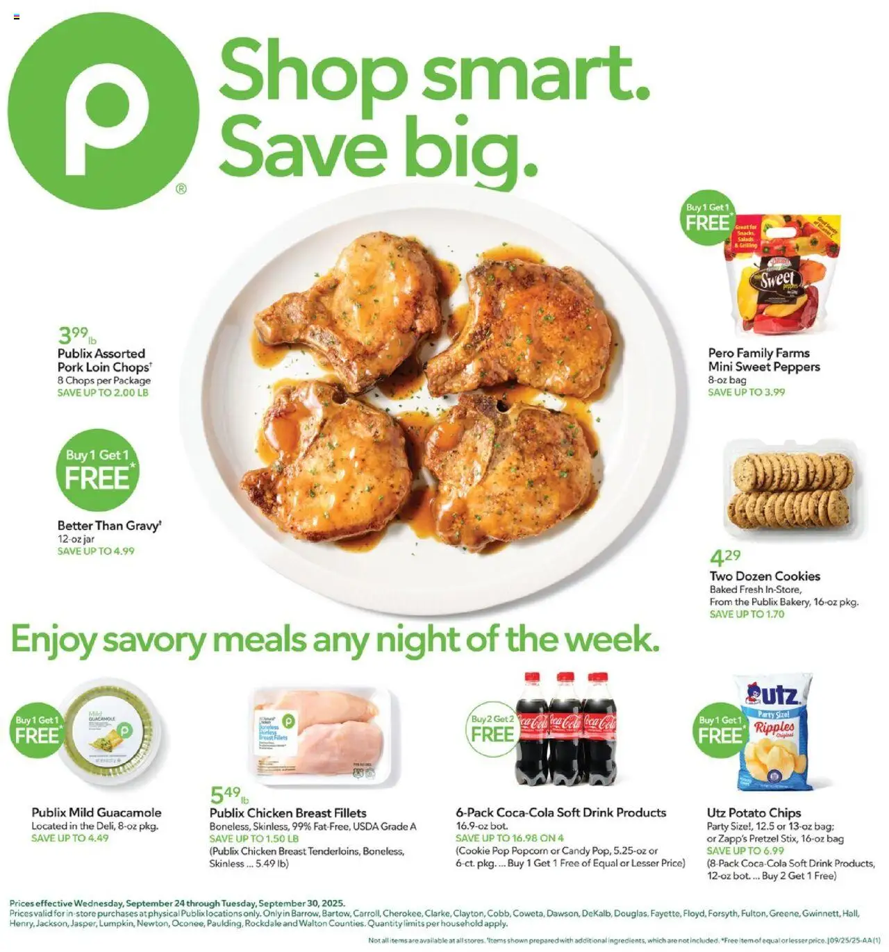 Ad Preview of Publix Weekly Ad from 09/24/2025 - Chips, Popcorn, Guacamole, Bag, Potato chips, Pork loin, Chicken breast fillets, Chicken