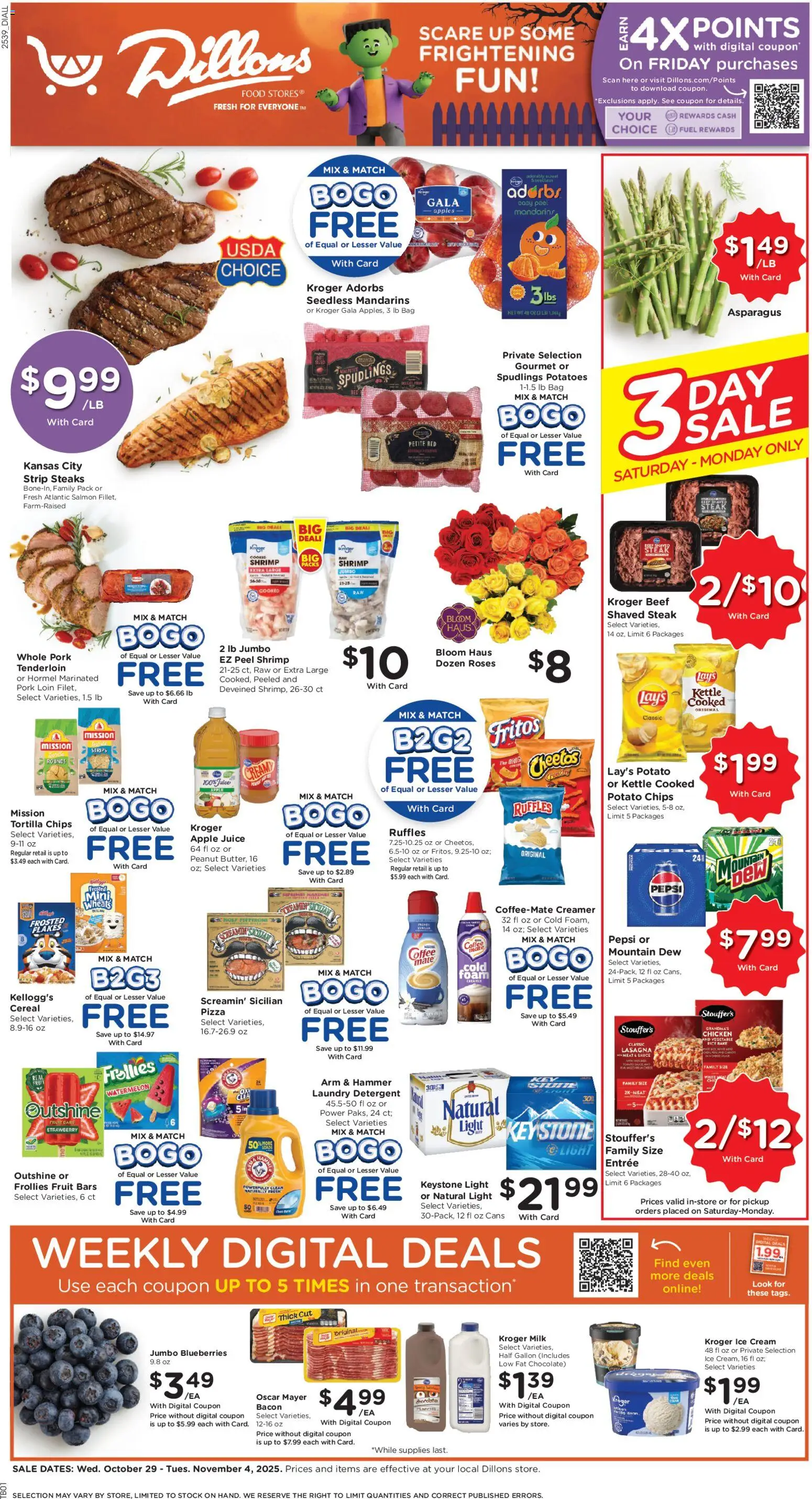 Ad Preview of Dillons Weekly Ad from 10/29/2025 - Ice cream, Chips, Potatoes, Blueberries, Beef, Apple juice, Rake, Pork loin