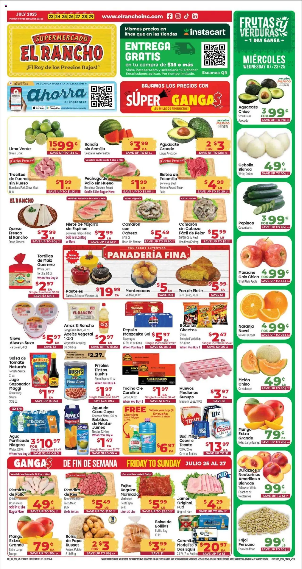 El Rancho Weekly Ad 3 from 07/23/2025 - Flyer - Page number 1 - Cheese, Watermelon, Peaches, Meat, Tilapia, Bacon, Drumsticks, Chicken
