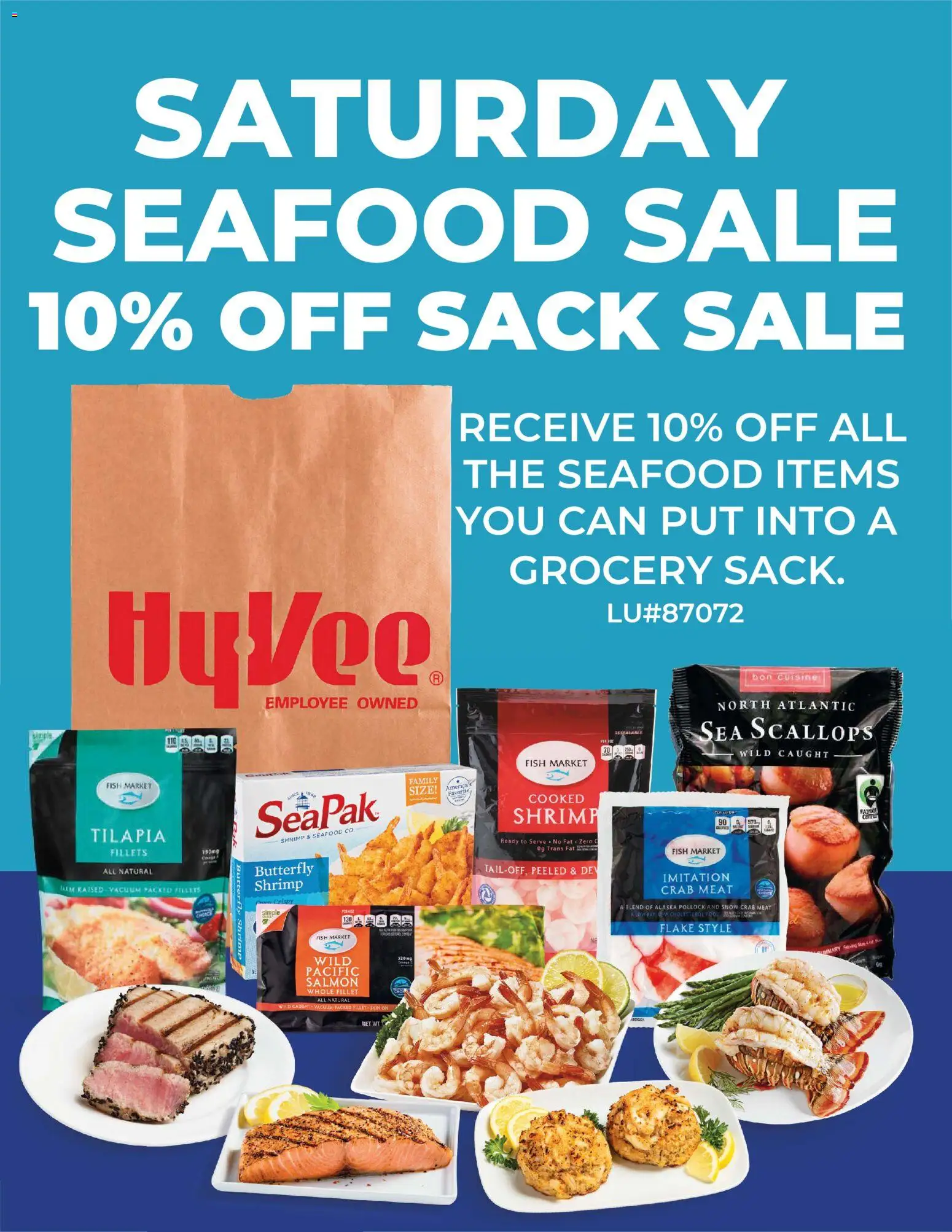Ad Preview of HyVee Saturday Seafood Sack Sale from 01/10/2026 - Fish, Seafood, Salmon, Shrimp, Meat, Tilapia