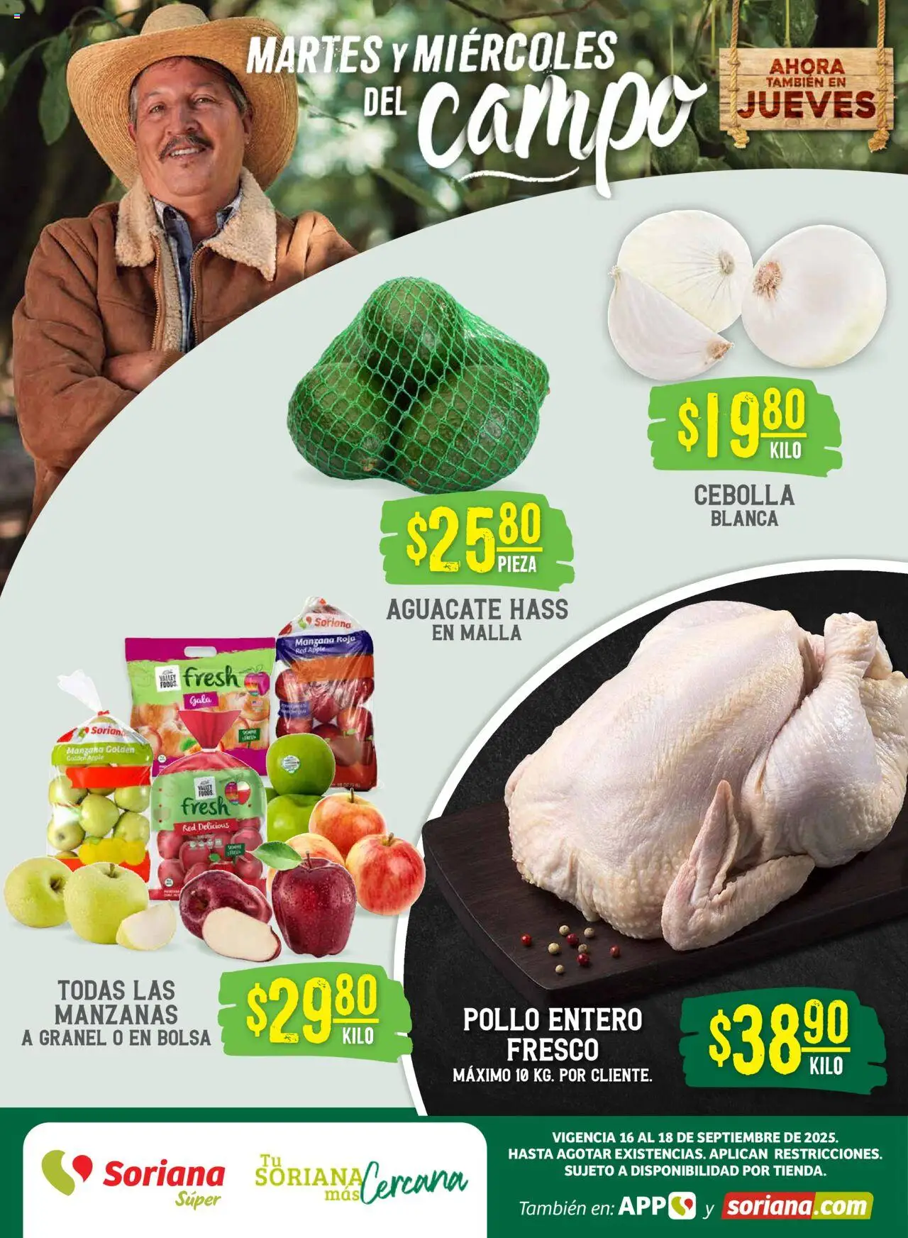 Martes y Miércoles del Campo Súper: Chih, Delicias, Dur y Coah (excepto Saltillo) Soriana y sus promociones válidas desde el 16/09/2025 - Número de página 1 - Pollo, Manzanas, Bolsa, Aguacate, Cebolla, Malla