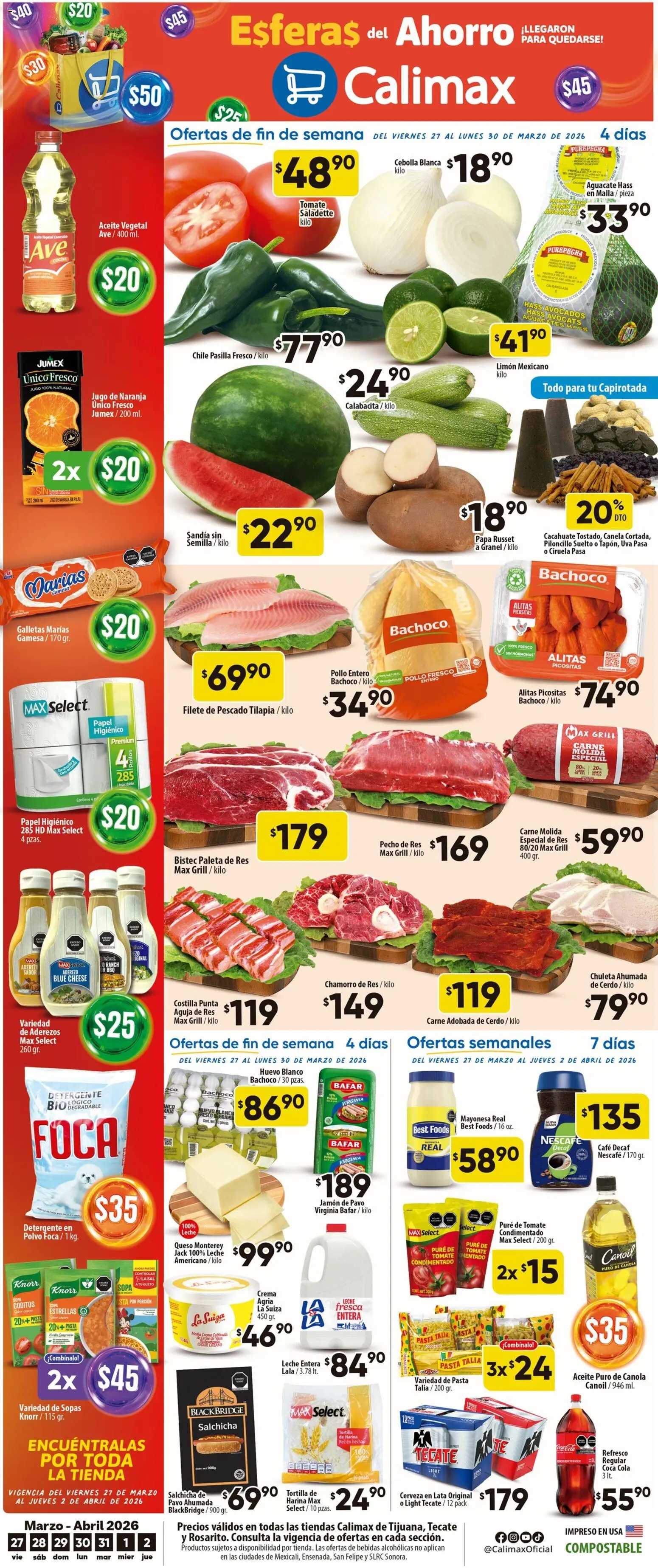 Vista previa las ofertas de la tienda Calimax - Calimax folleto Tecate desde el 27/03/2026 - Galletas, Uva, Pavo, Papel higiénico, Bistec, Sopa, Filete de pescado, Filete