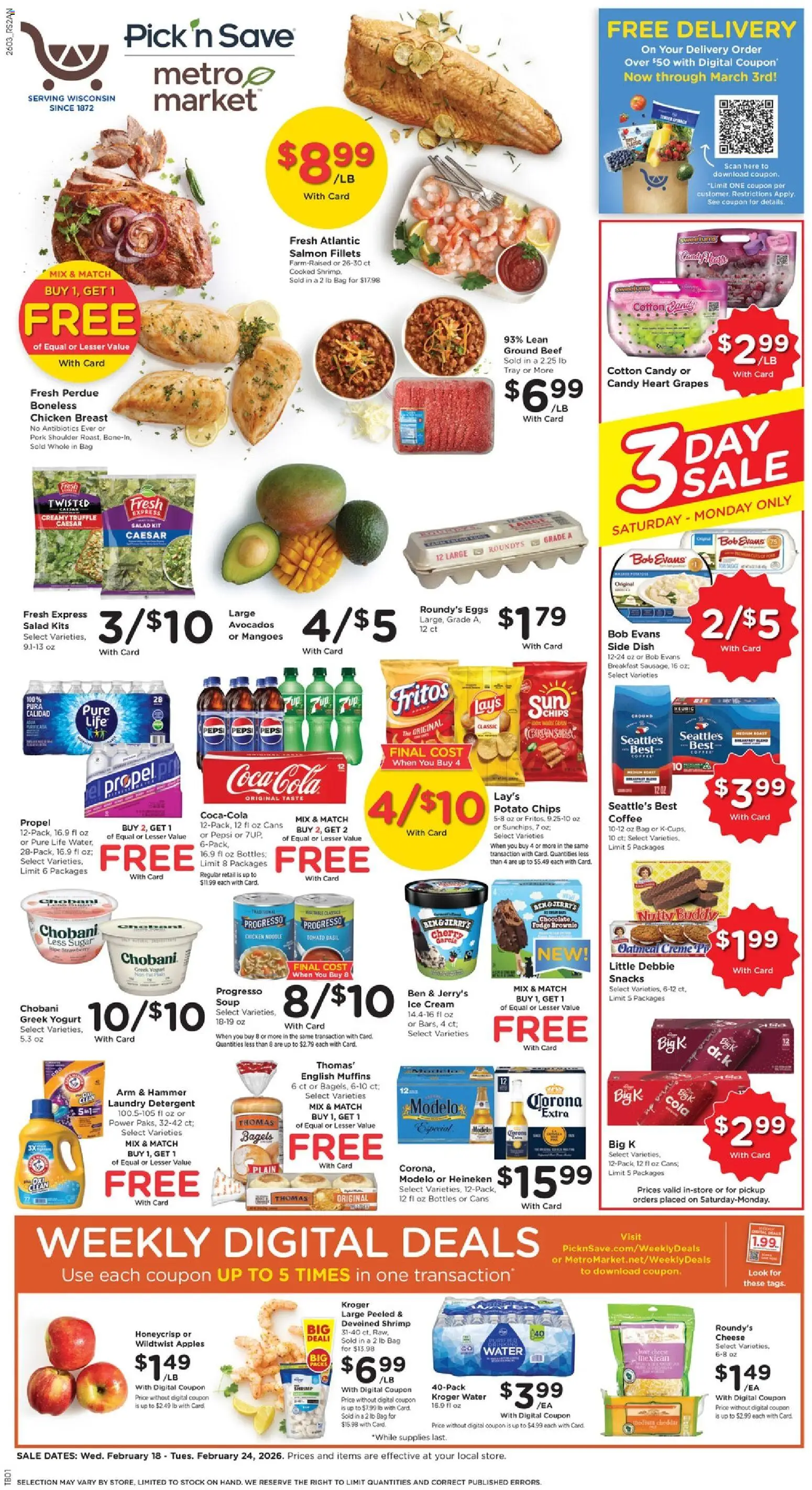 Ad Preview of Pick ‘n Save Weekly Ad from 02/18/2026 - Coffee, Snacks, Shrimp, Yogurt, Pepsi, Greek yogurt, Bag, Cream