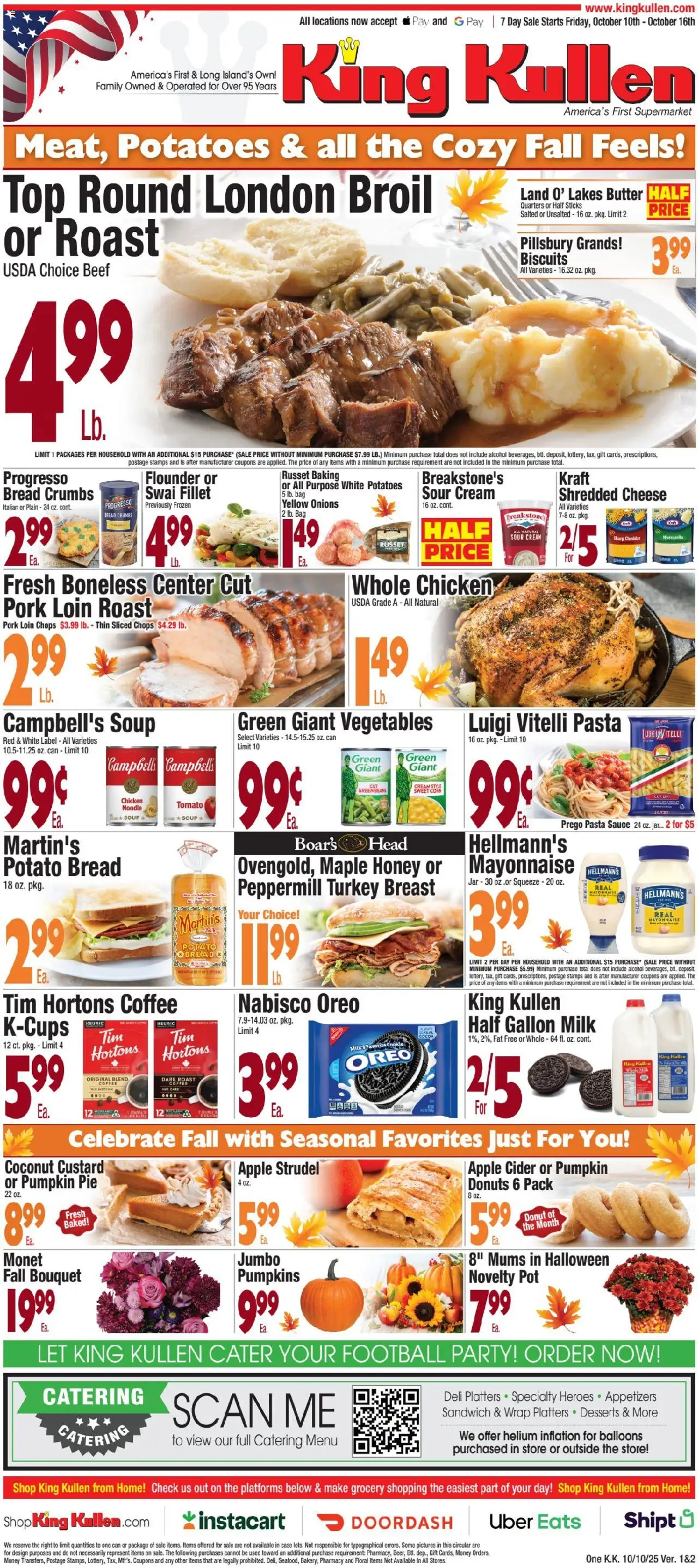 Ad Preview of King Kullen Weekly Ad from 10/09/2025 - Coffee, Turkey, Cider, Pumpkin, Butter, Cream, Pumpkin Pie, Whole chicken