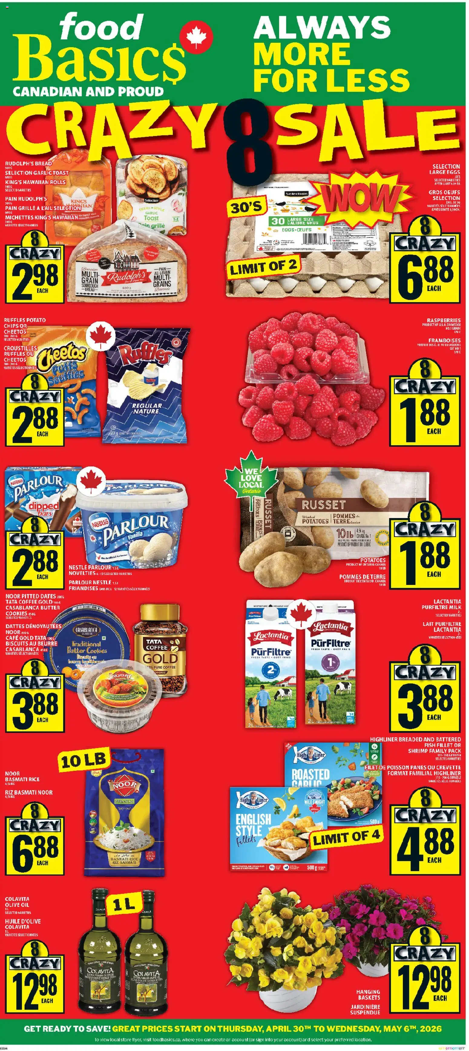 Preview of leaflet Food Basics weekly flyer - Kanata from shop Food Basics is valid from Apr 30, 2026 - Coffee, Food, Oil, Butter, Raspberries, Basmati rice, Garlic, Grains