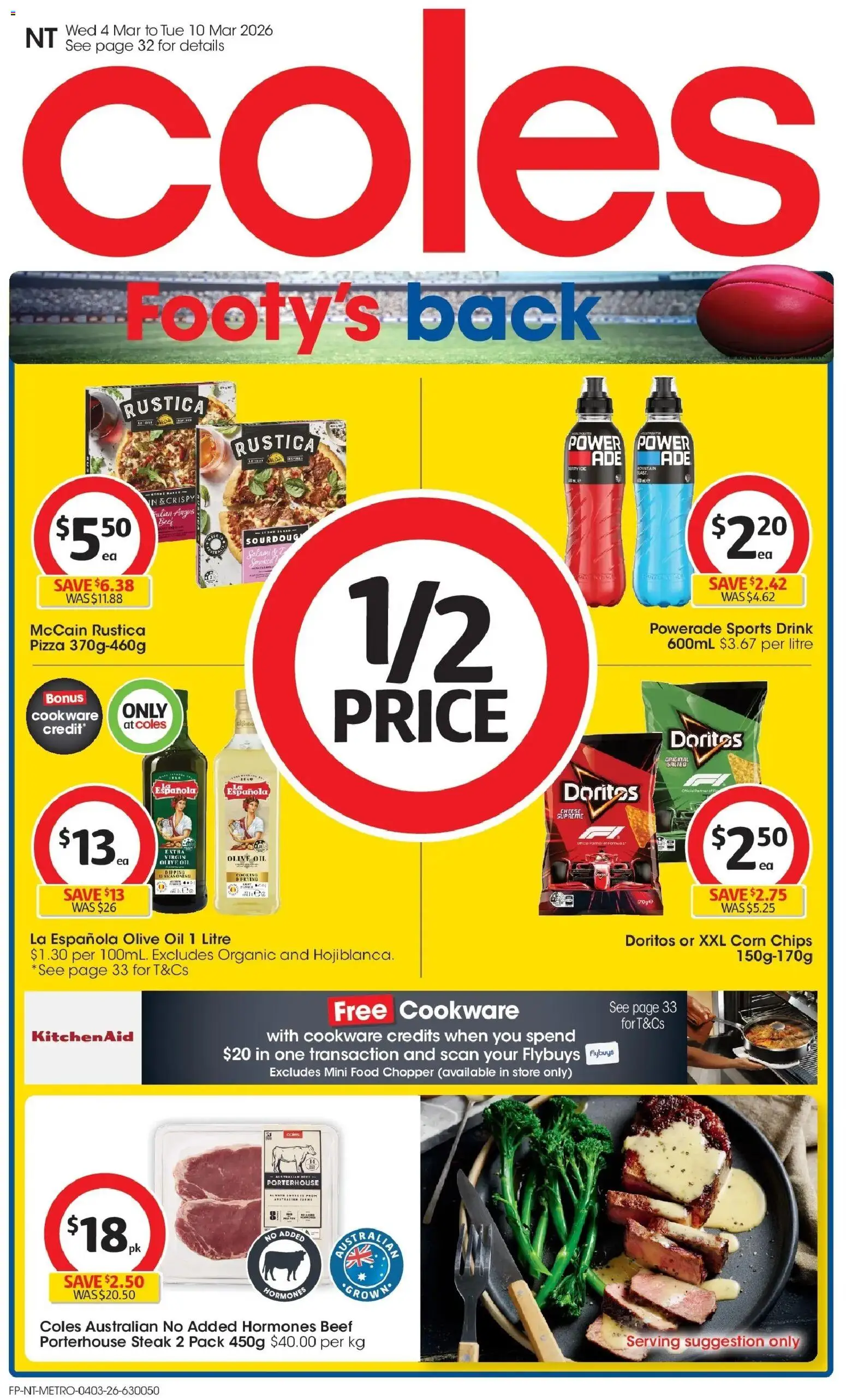 Preview of catalogue Coles catalogue NT from shop Coles valid 04/03/2026 - Food, Oil, Pizza, Beef, Cookware, Steak, Ice, Extra virgin olive oil