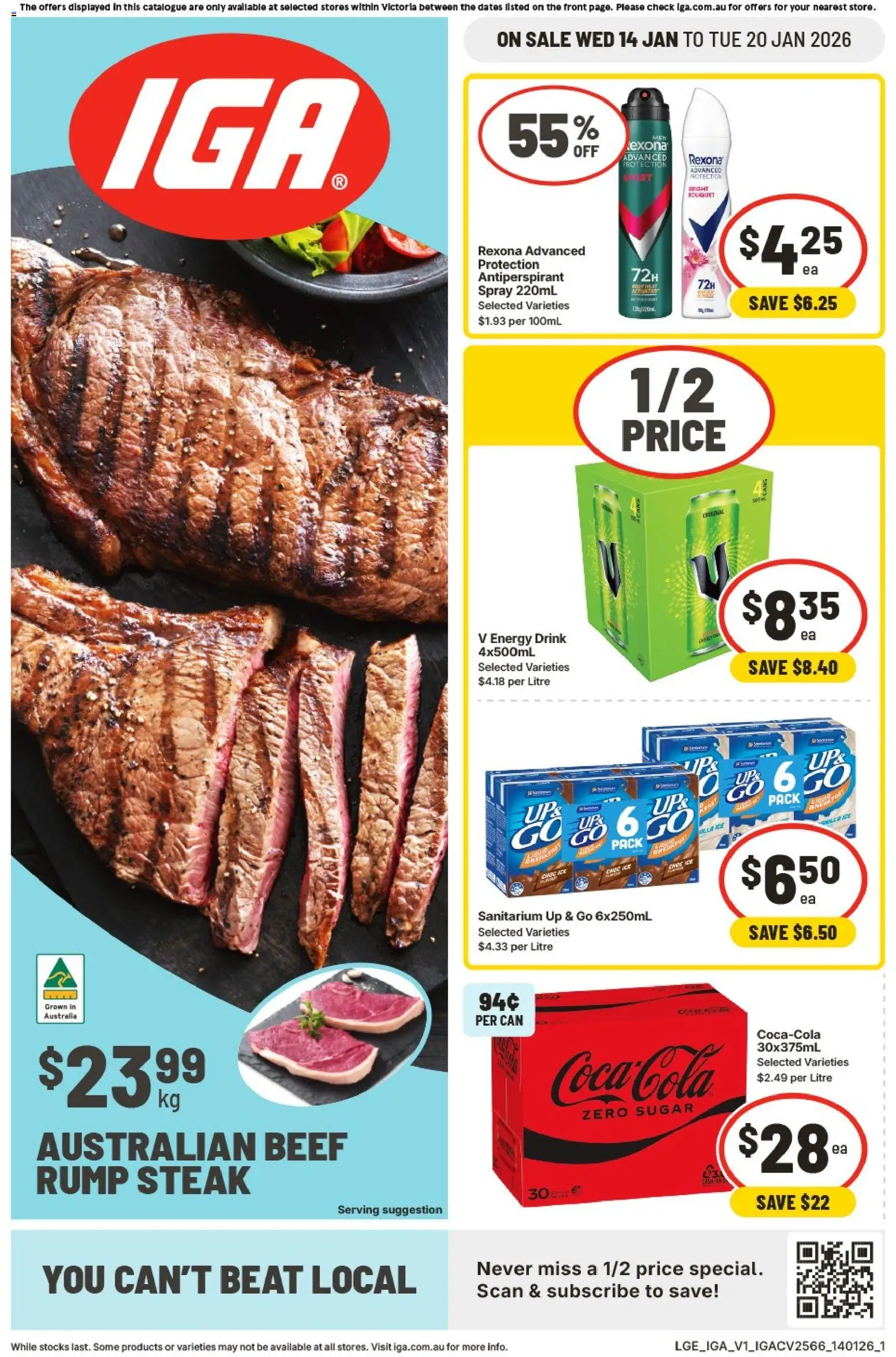 Preview of catalogue Catalogue from shop IGA valid 14/01/2026 - Energy drink, Beef, Coca Cola, Steak, Sugar, Ice, Up & go, Rump steak