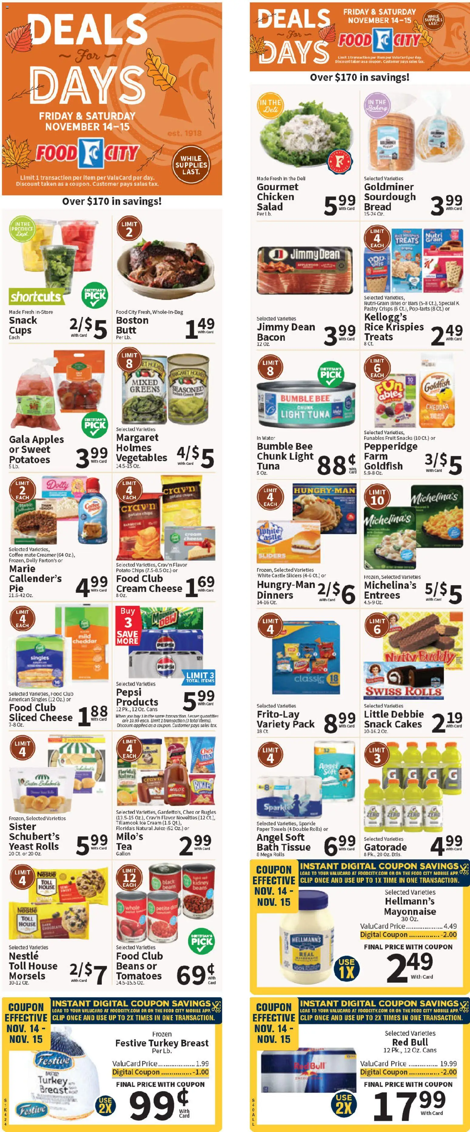 Ad Preview of Food City Weekly Ad from 11/12/2025 - Water, Salad, Vegetables, Greens, Bread, Beans, Turkey breast, Sliced cheese