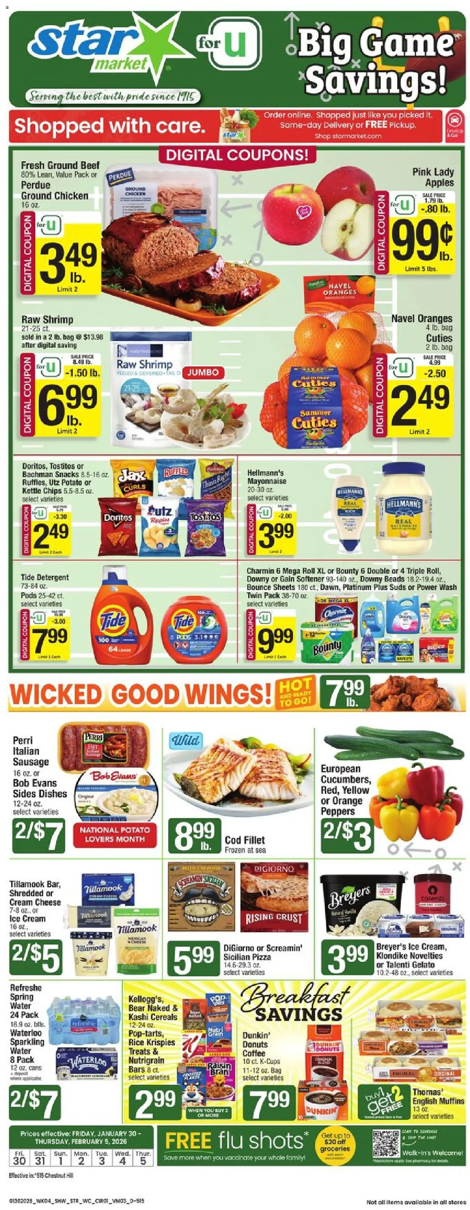 Ad Preview of Star Market Weekly Ad from 01/30/2026 - Water, Ice, Oranges, Chips, Sausage, Mayonnaise, Spring water, Detergent