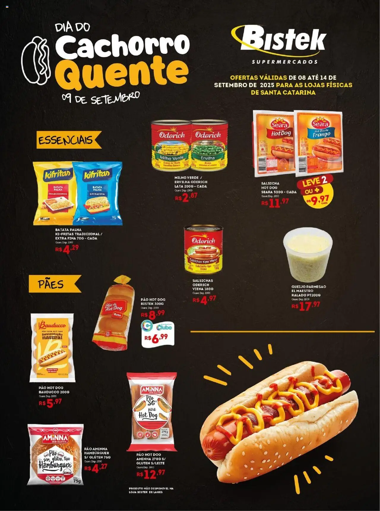 Bistek Supermercados folheto "Ofertas Dia do Cachorro Quente" válido a partir de 08/09/2025 - número de página 1 - Hambúrguer, Salsichas, Frango, Milho, Batata palha, Milho verde, Ervilha, Parmesão