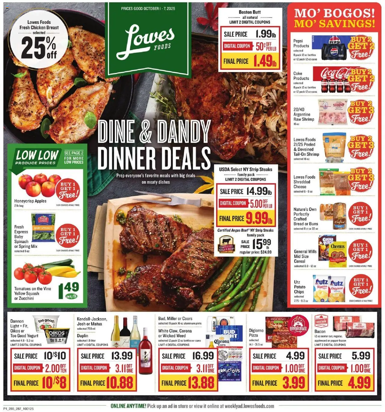Ad Preview of Lowes Foods Weekly Ad - NC from 10/01/2025 - Pizza, Apples, Bread, Zucchini, Squash, Bacon, Chicken, Baby spinach