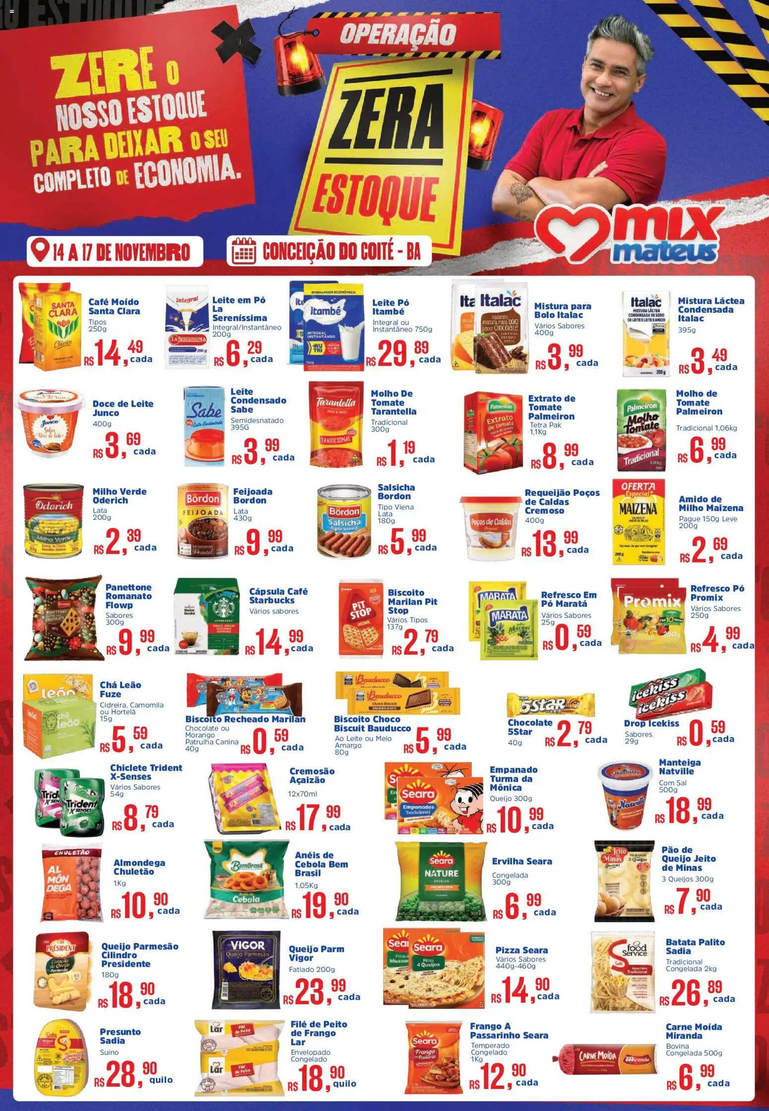 Pré-Visualização do folheto "Ofertas Zera Estoque" da loja Mateus válido a partir de 14/11/2025 - Pizza, Frango, Chá, Hortelã, Cebola, Ervilha, Queijo parmesão, Chuletão