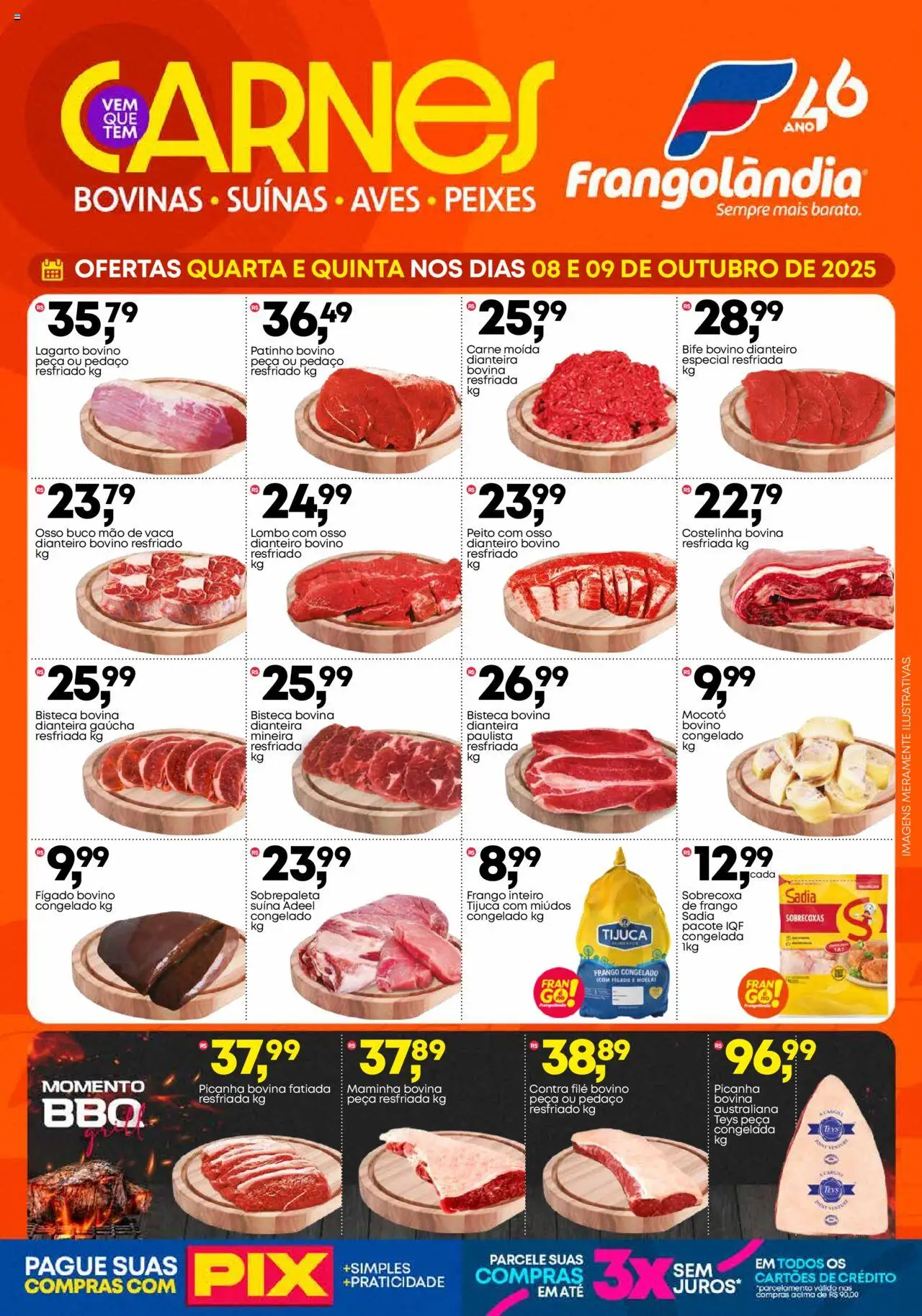 Frangolândia folheto "Ofertas Carnes" válido a partir de 08/10/2025 - número de página 1 - Picanha, Carne, Frango, Carne moída, Maminha, Lombo, Contra filé, Frango inteiro