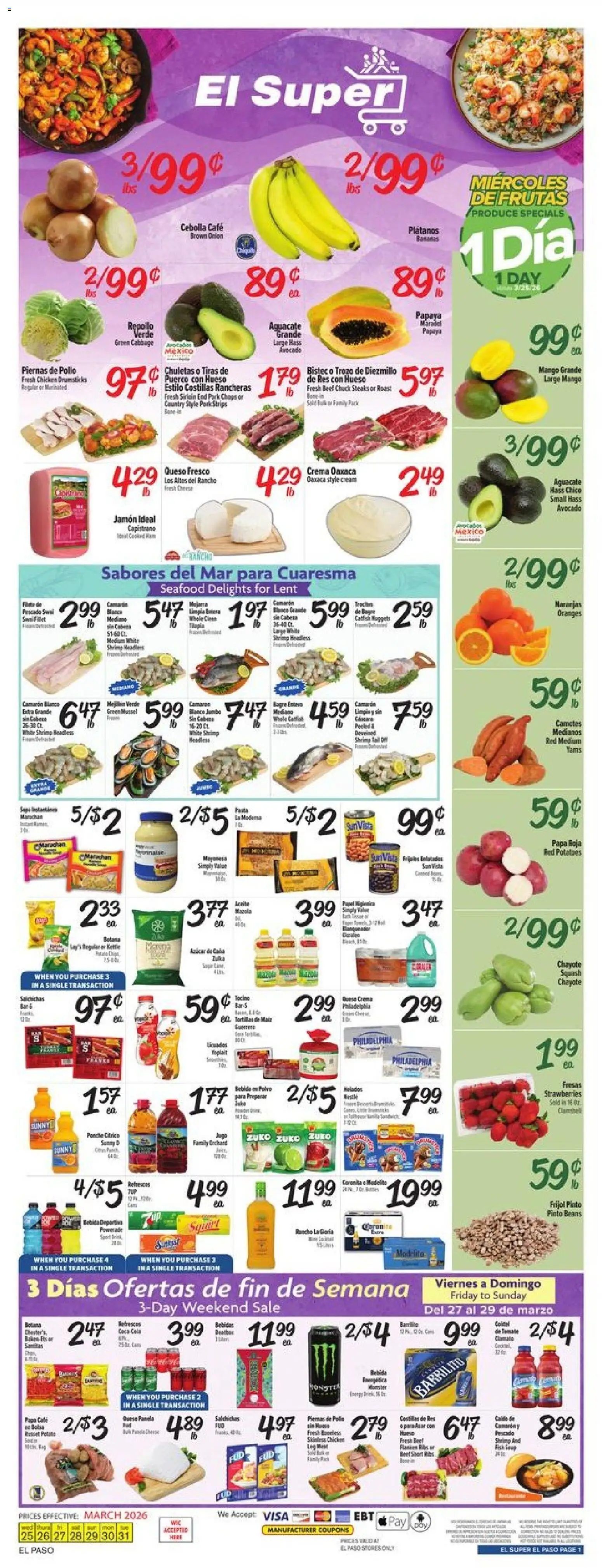 Ad Preview of El Super El Super Weekly Ad - TX from 03/25/2026 - Strawberries, Avocado, Potatoes, Beef, Tortillas, Cream, Drumsticks, Beef chuck