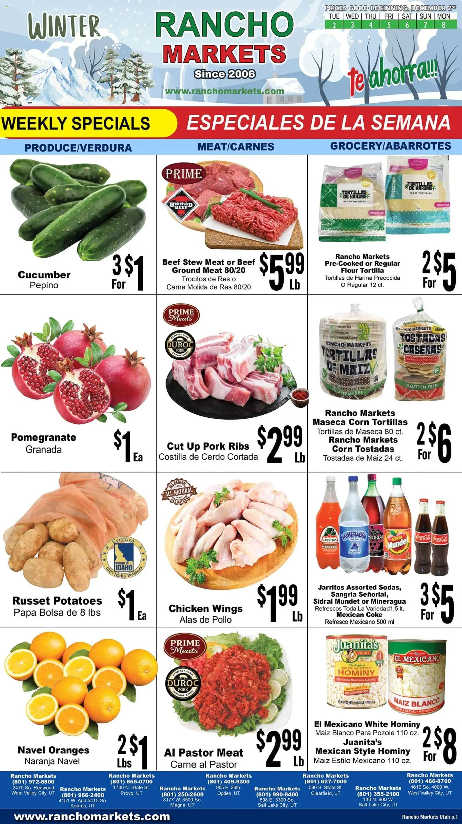 Ad Preview of Rancho Markets Weekly Ad from 12/02/2025 - Potatoes, Meat, Cucumber, Salt, Beef, Tortillas, Flour, Chicken