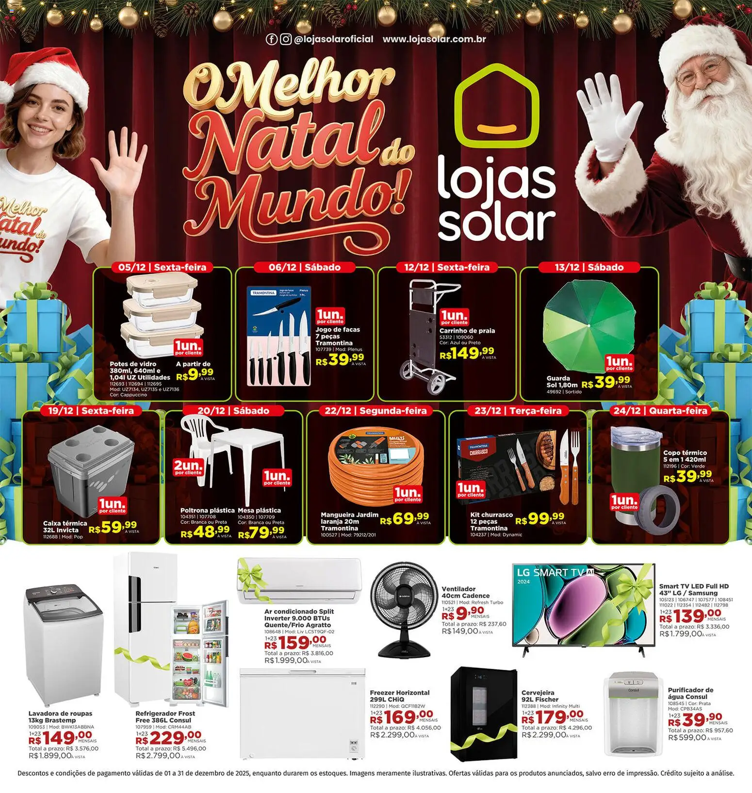 Pré-Visualização do folheto "Ofertas atuais" da loja Lojas Solar válido a partir de 01/12/2025 - Caixa, Freezer, Roupas, Carrinho, Mangueira, Refrigerador, Potes, Facas