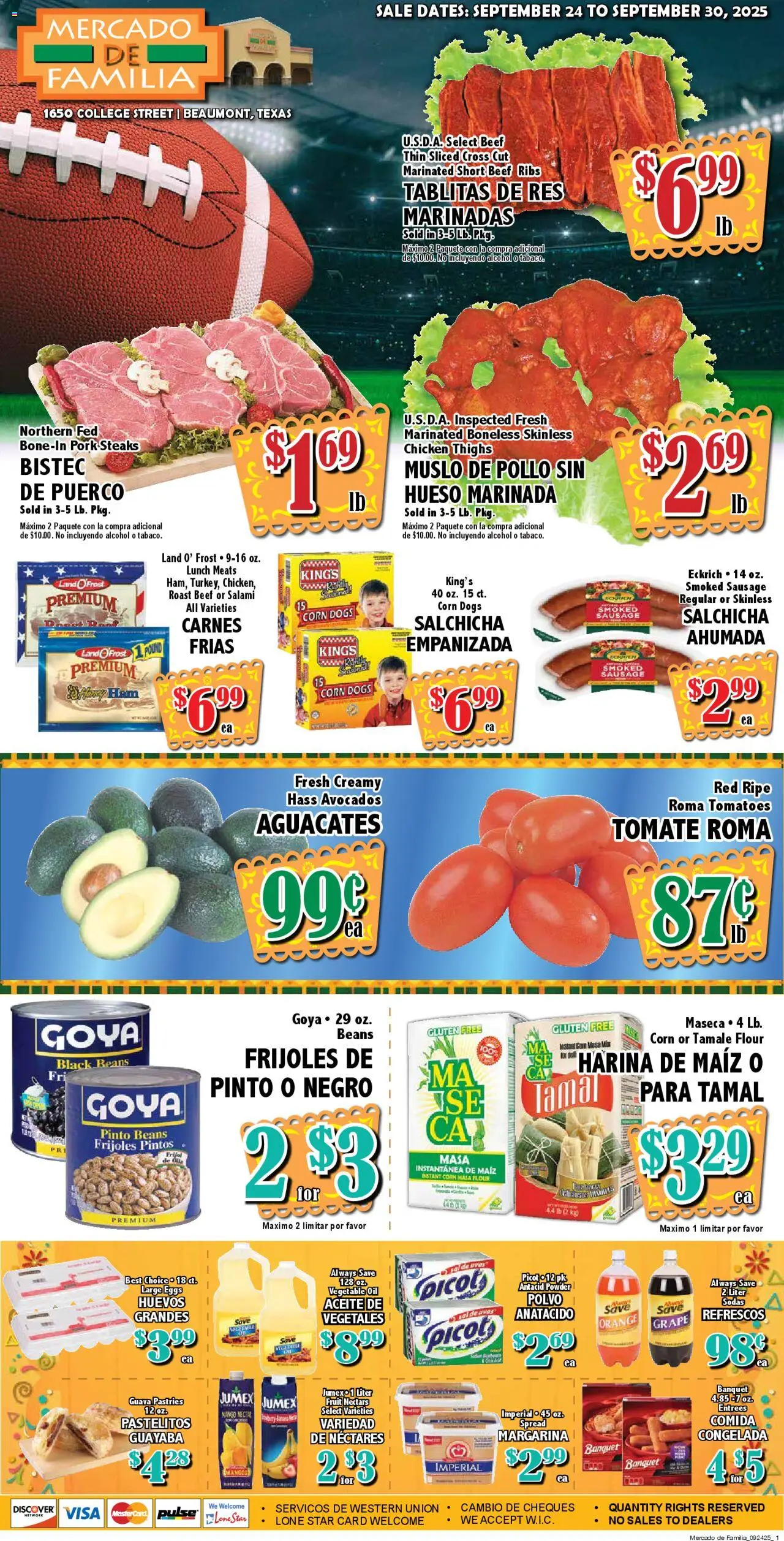 Market Basket Mercado from 09/24/2025 - Flyer - Page number 1 - Fruit, Tomatoes, Oil, Ham, Pork, Salami, Beef ribs, Spread
