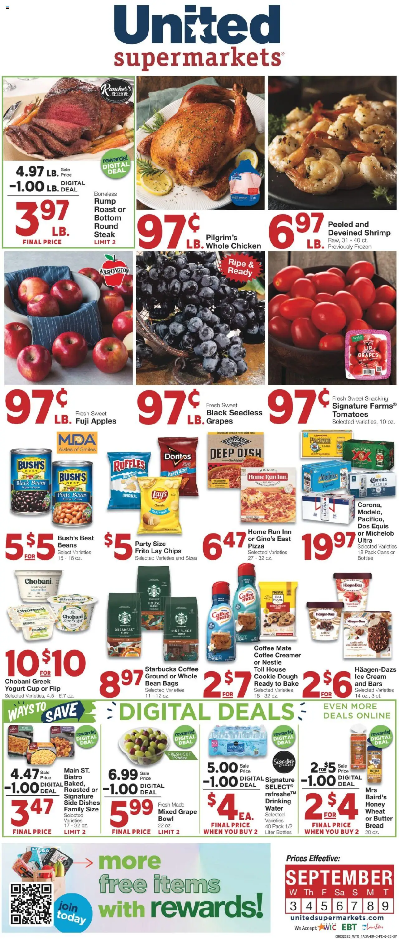 United Supermarkets Weekly Ad from 09/03/2025 - Flyer - Page number 1 - Apples, Ice, Steak, Chips, Sugar, Greek yogurt, Beans, Whole chicken