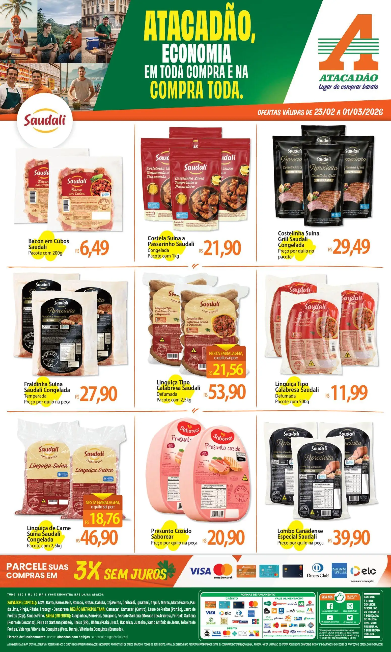 Pré-Visualização do folheto "Ofertas - BA" da loja Atacadão válido a partir de 23/02/2026 - Carne, Bacon, Fraldinha, Grill, Linguiça, Presunto, Lombo