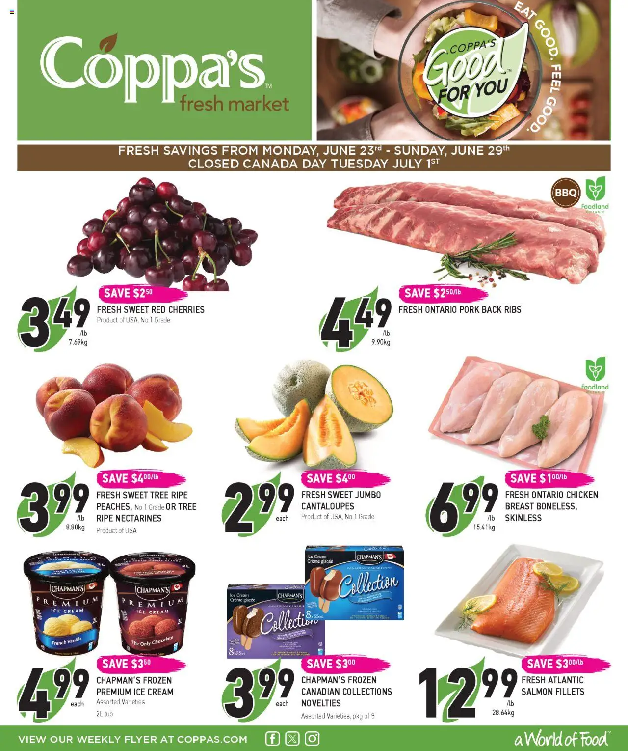 Coppas Fresh Market flyer valid from Jun 23, 2025 - page number 1 - Food, Ice cream, Chicken, Chocolate, Ice, Salmon, Cream, Nectarines