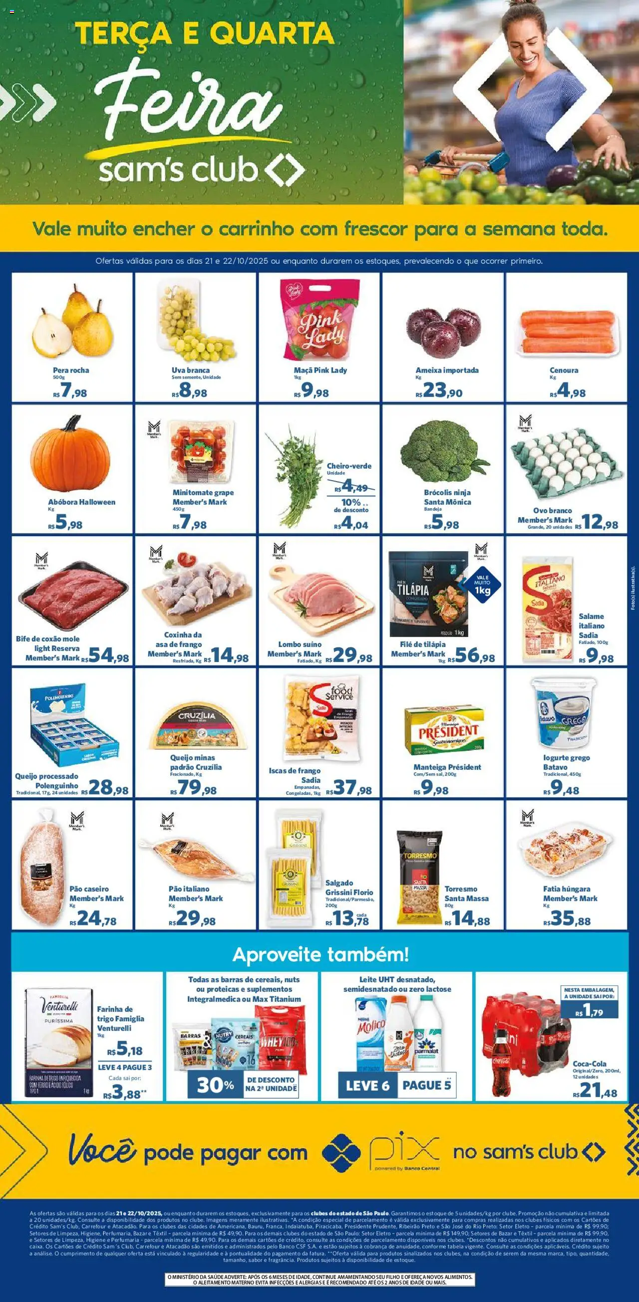 Sam's Club folheto "Ofertas Feira" válido a partir de 21/10/2025 - número de página 1 - Abóbora, Carrinho, Frango, Ameixa, Manteiga, Cenoura, Ferro, Cereais