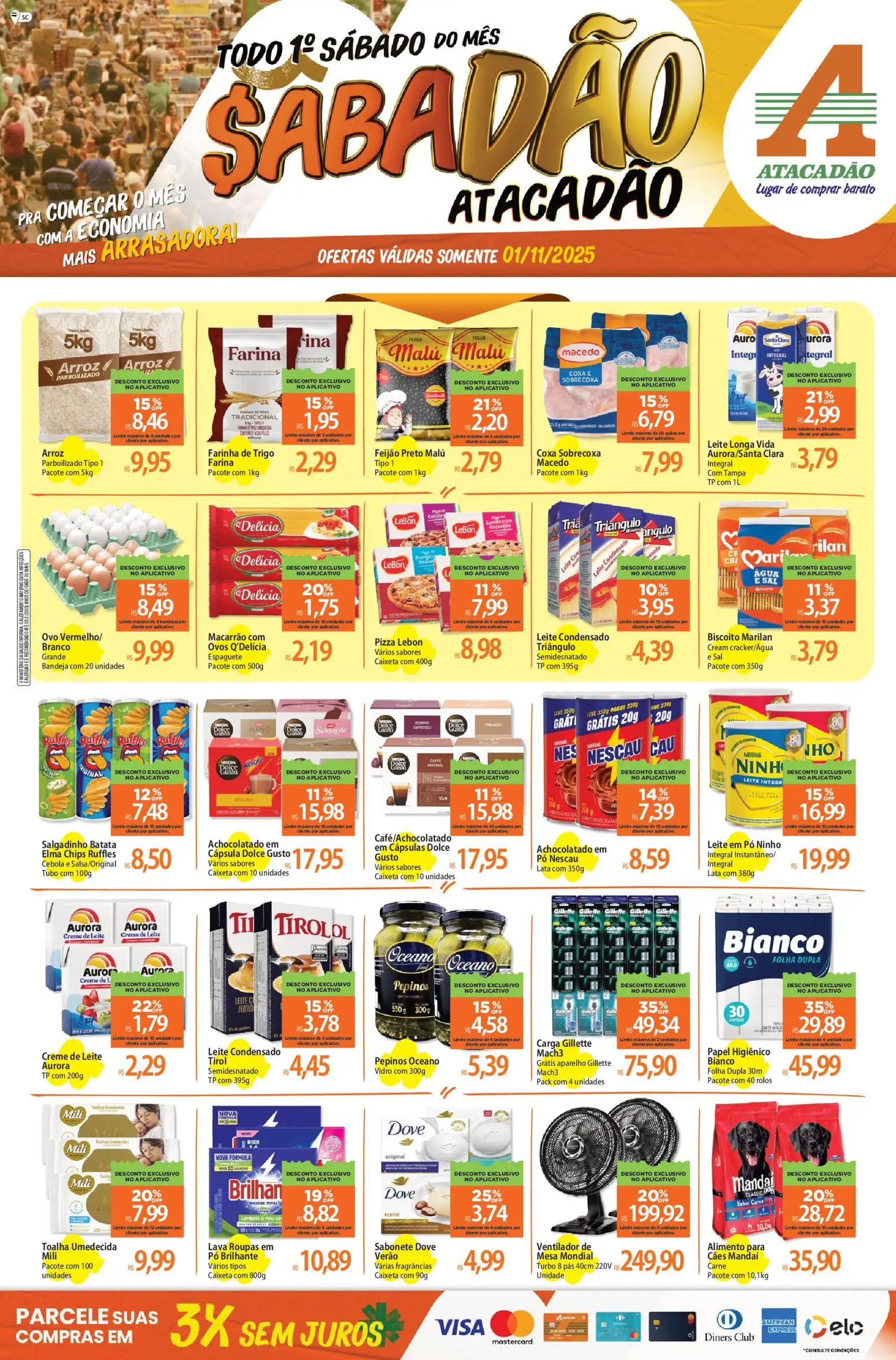 Pré-Visualização do folheto "Ofertas - SC" da loja Atacadão válido a partir de 01/11/2025 - Pizza, Arroz, Leite, Frango, Papel higiênico, Leite em pó, Bandeja, Toalha umedecida