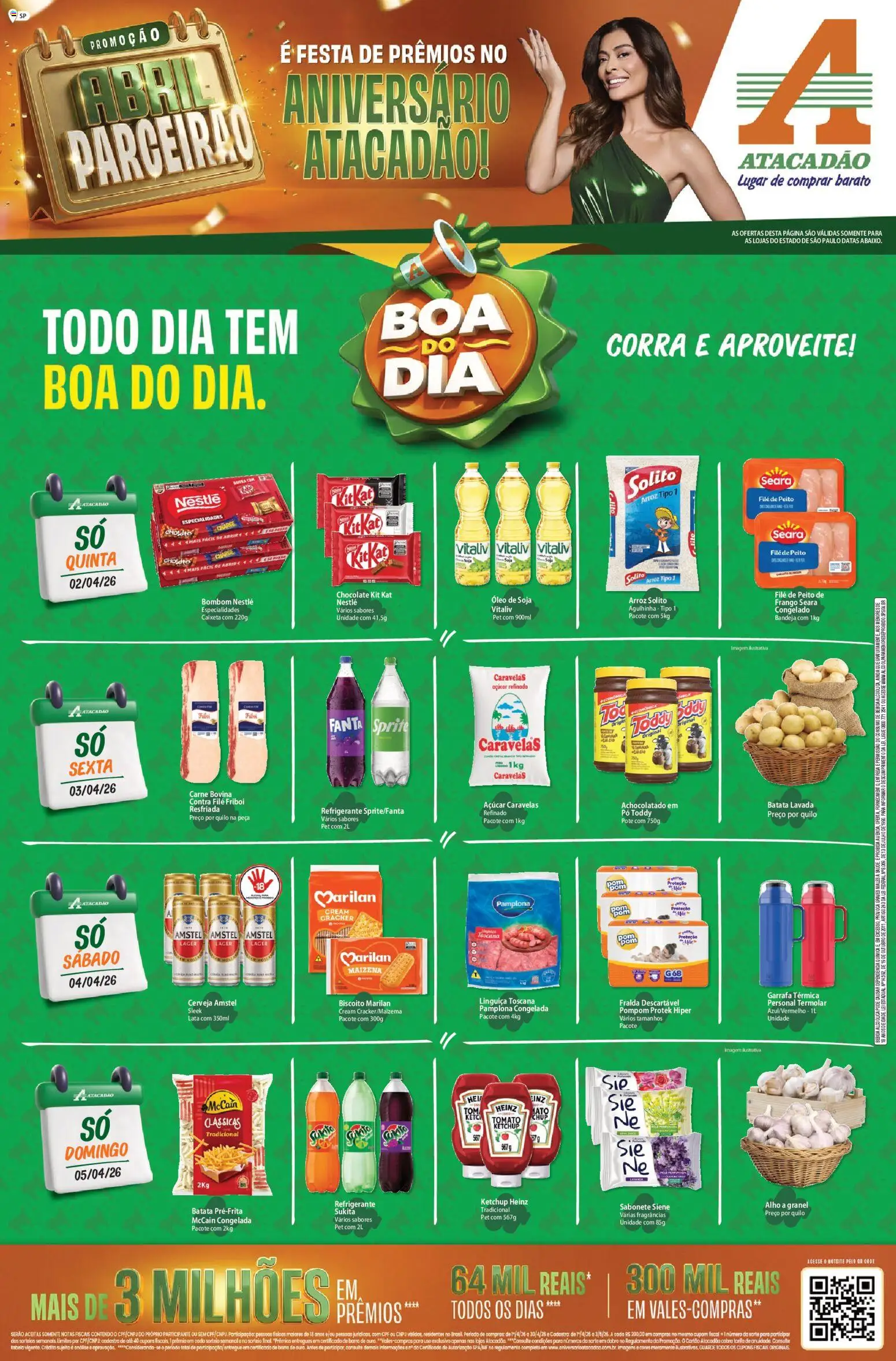 Pré-Visualização do folheto "Atacadão ofertas - SP" da loja Atacadão válido a partir de 02/04/2026 - Arroz, Bebida, Kit Kat, Frango, Refrigerante, Carne bovina, Cream cracker, Fanta