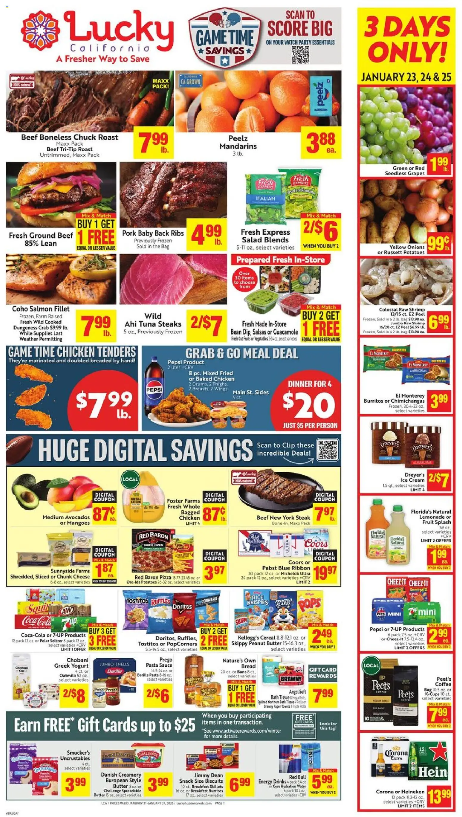 Ad Preview of Lucky Supermarkets Weekly from 01/21/2026 - Coffee, Rice, Pepsi, Greek yogurt, Pork, Oven, Clip, Salmon fillet