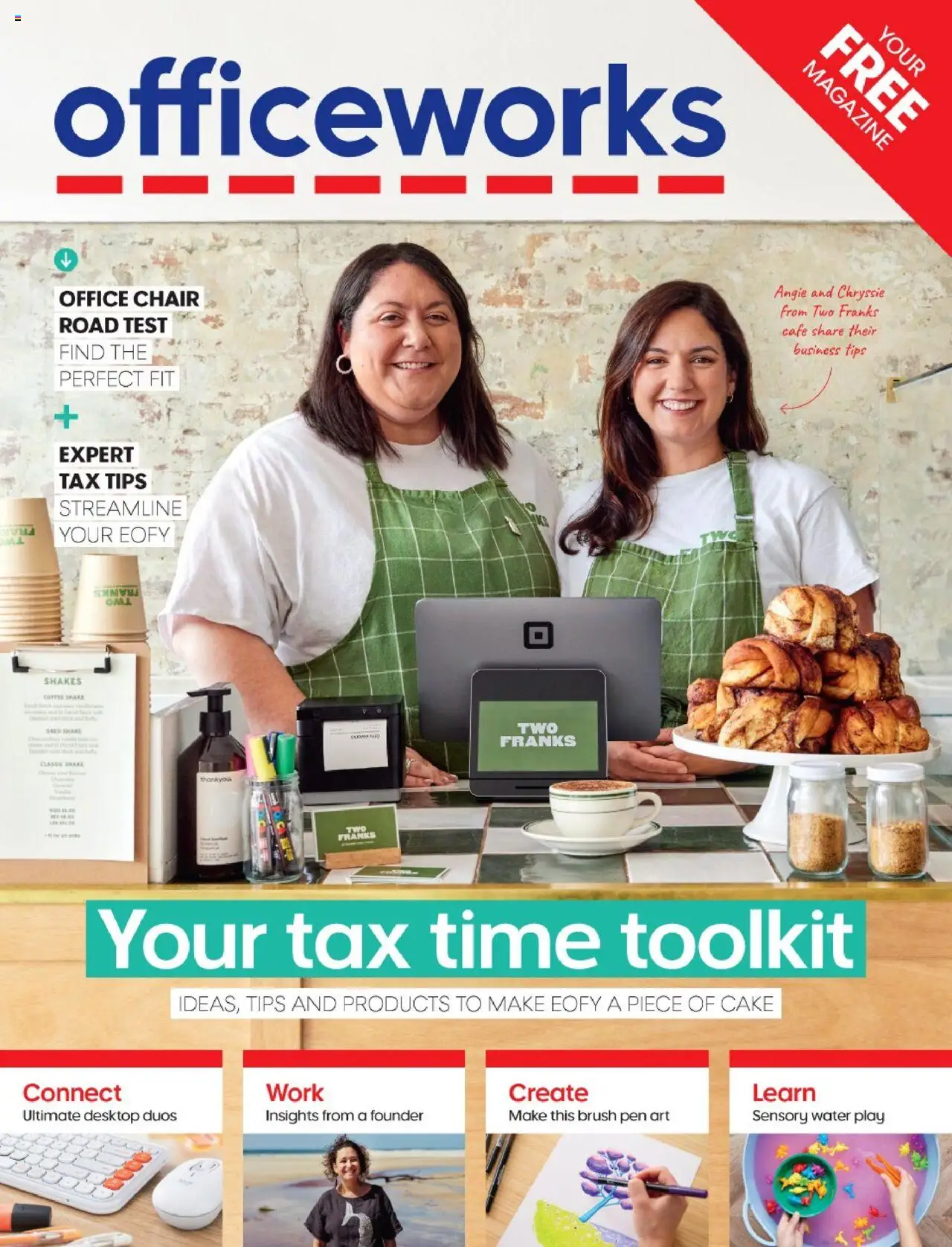 Officeworks catalogue valid from 01/05/2025 - page 1 - Chair, Brush, Coffee, Oreo, Water, Magazine, Cake, Desktop