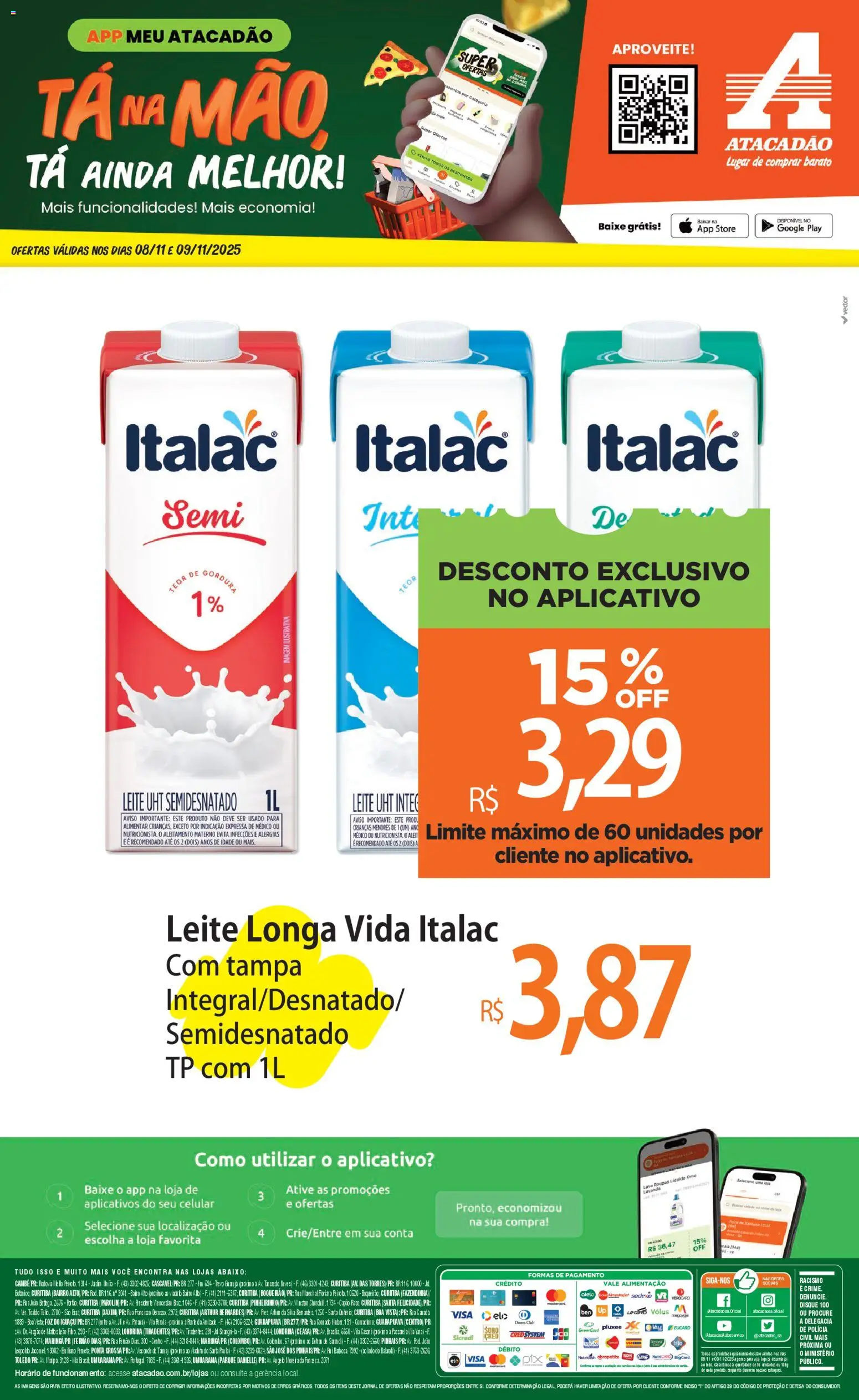 Pré-Visualização do folheto "Ofertas - PR" da loja Atacadão válido a partir de 08/11/2025 - Celular, Roupas, Leite, Lápis, Leite longa vida