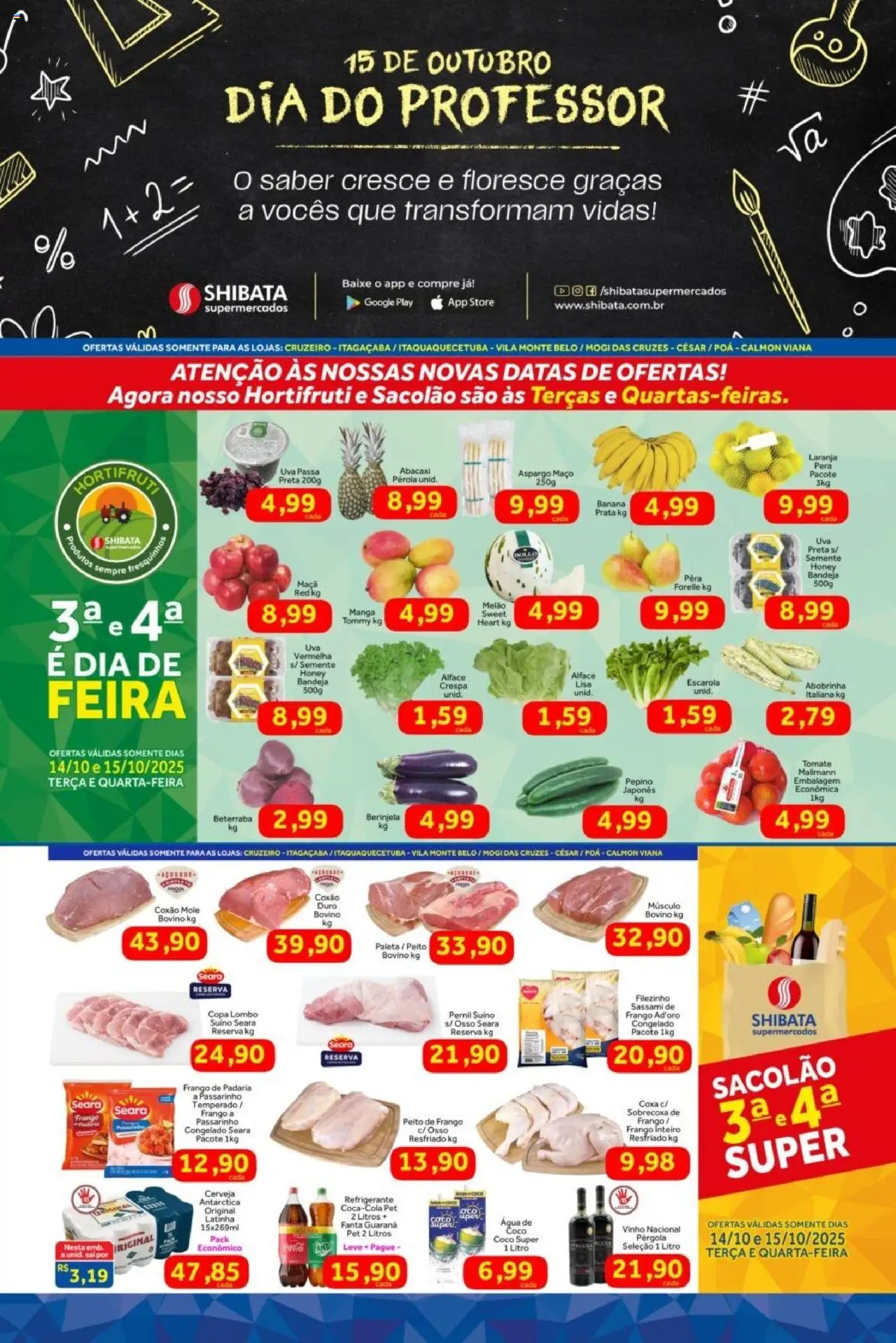 Shibata folheto "Ofertas Cruzeiro, Itaqua, Mogi César e Poá" válido a partir de 14/10/2025 - número de página 1 - Coco, Água, Uva, Abobrinha, Beterraba, Alface, Poá, Bandeja