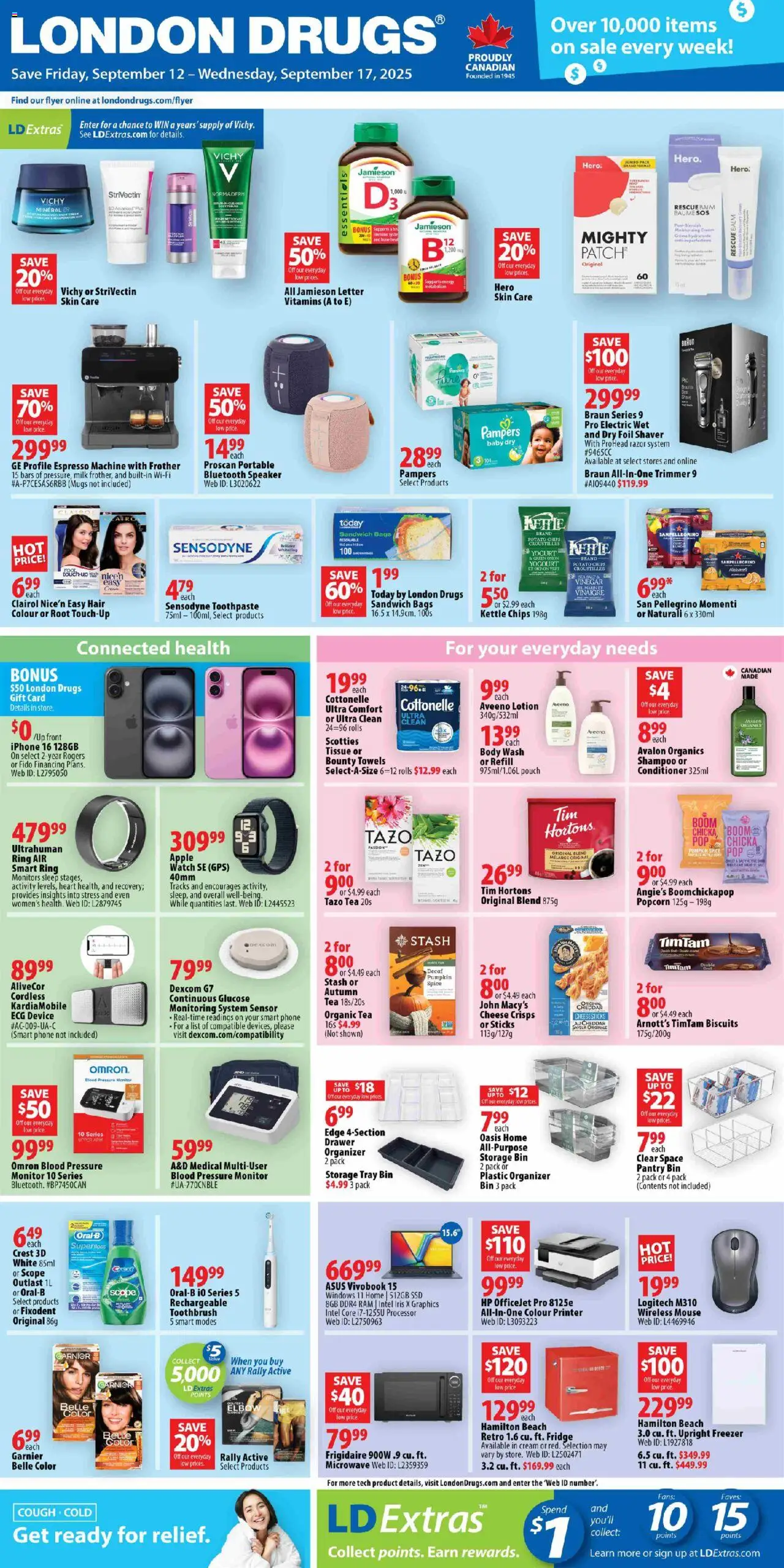 London Drugs flyer valid from Sep 12, 2025 - page number 1 - Cheese, Salt, Cream, Toothpaste, Toothbrush, Shaver, Crisps, Conditioner