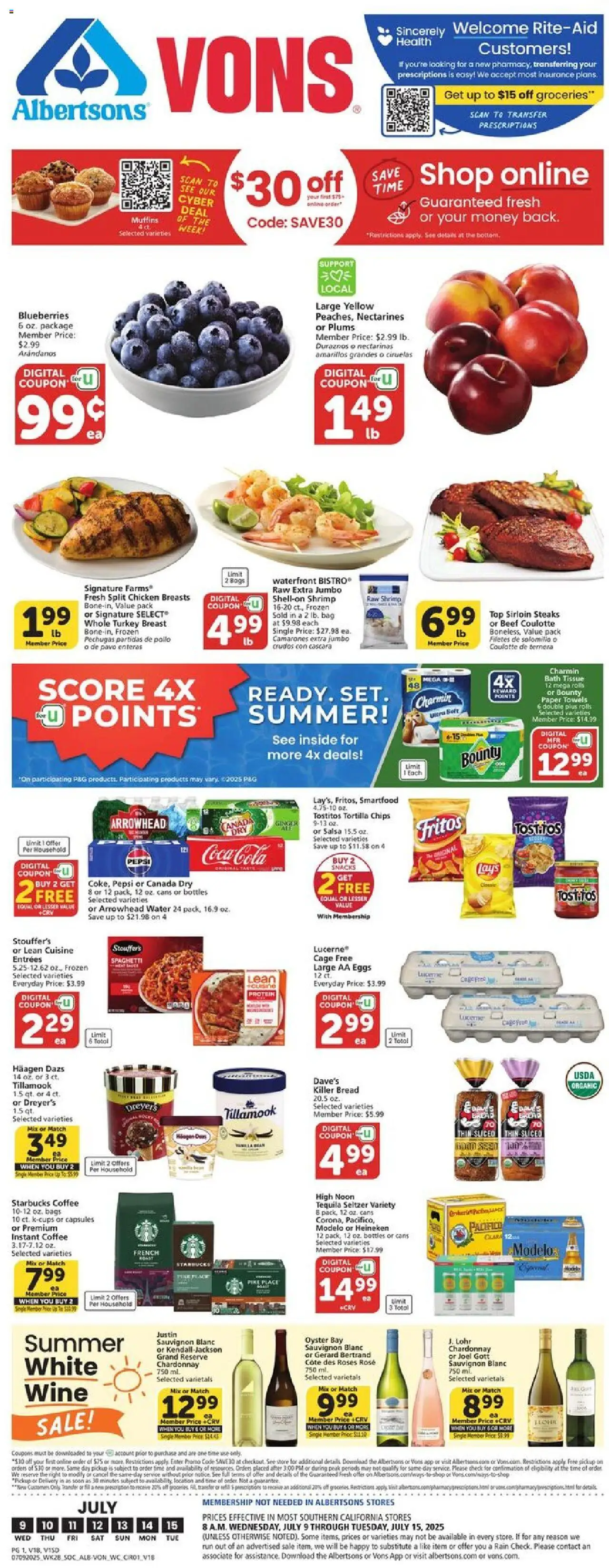 Vons Weekly Ad from 07/09/2025 - Flyer - Page number 1 - Shrimp, Wc, Plums, Bath, Turkey, Turkey breast, Coffee, Chips