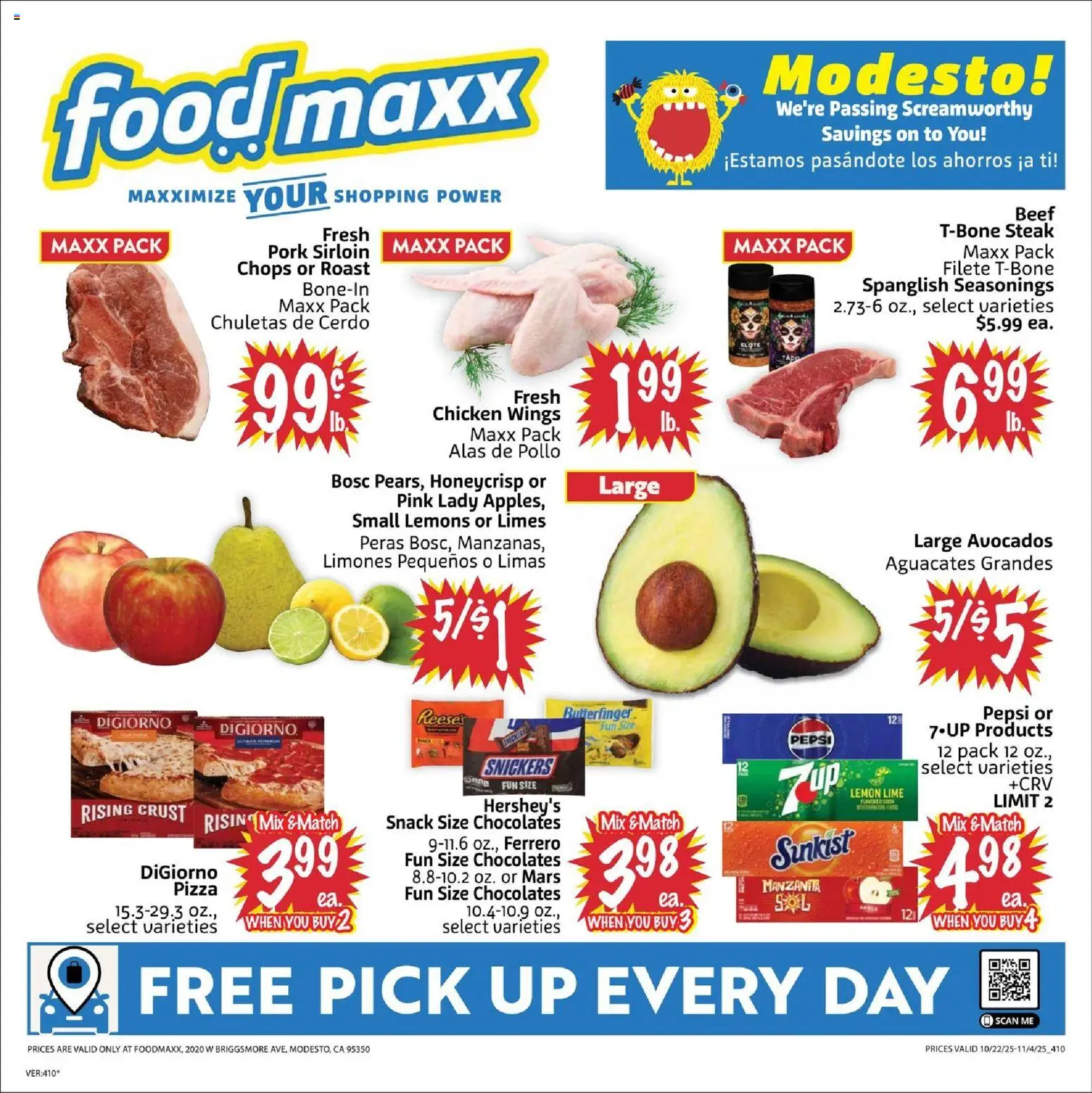 FoodMaxx Weekly Ad - CA from 10/22/2025 - Flyer - Page number 1 - Pizza, Steak, Lemons, Beef, Lime, Snickers, Seasonings, Chicken