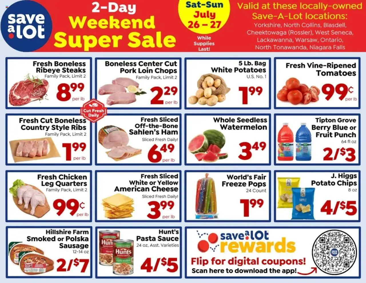 Save a Lot 2 Days Sale from 07/21/2025 - Flyer - Page number 1 - Chips, Cheese, Potatoes, Watermelon, Ham, Potato chips, Sauce, Chicken