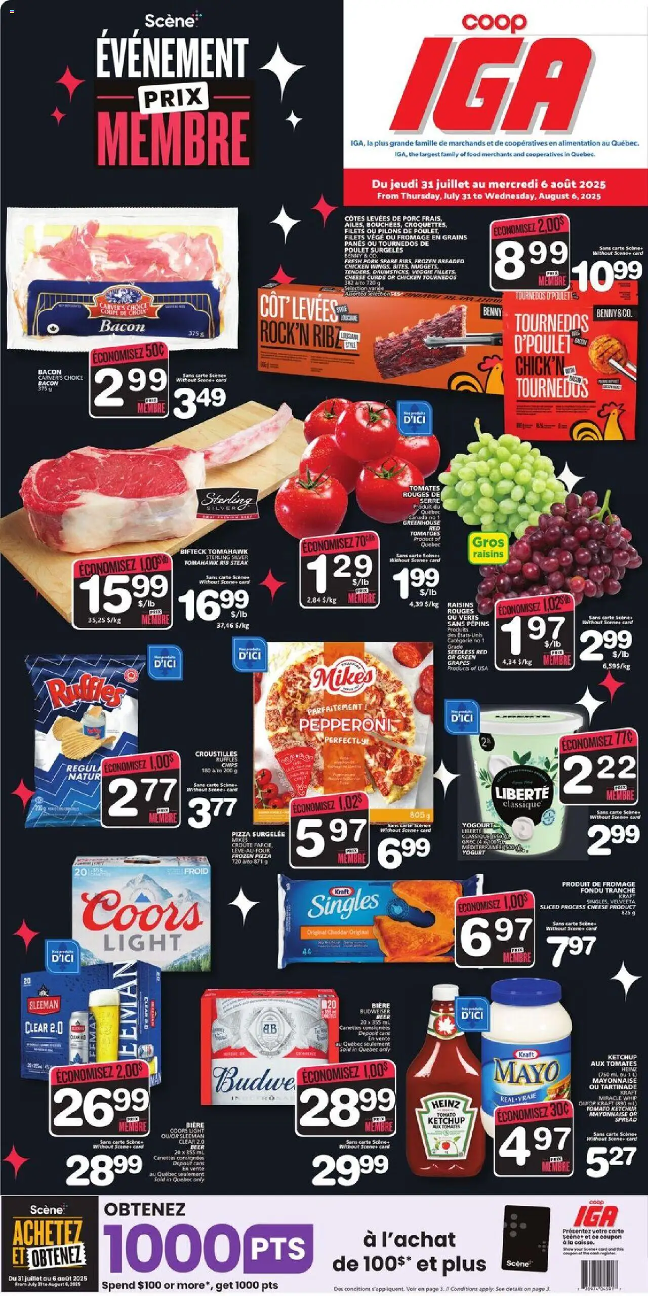 IGA flyer valid from Jul 31, 2025 - page number 1 - Chips, Tomato, Mayonnaise, Grains, Raisins, Steak, Cheddar, Grapes