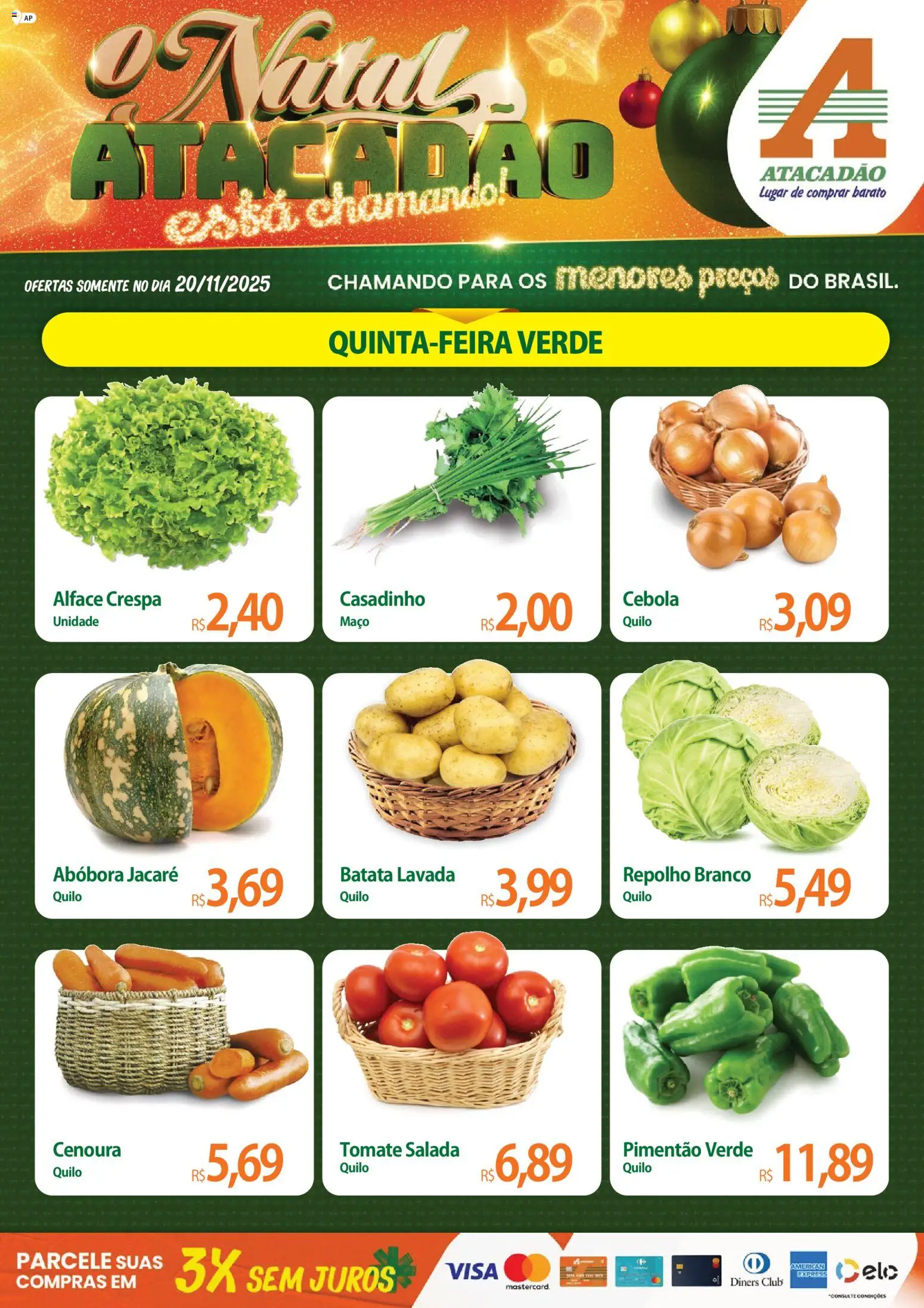 Pré-Visualização do folheto "Ofertas - AP" da loja Atacadão válido a partir de 20/11/2025 - Abóbora, Batata, Tomate, Cenoura, Alface, Cebola, Pimentão, Repolho branco