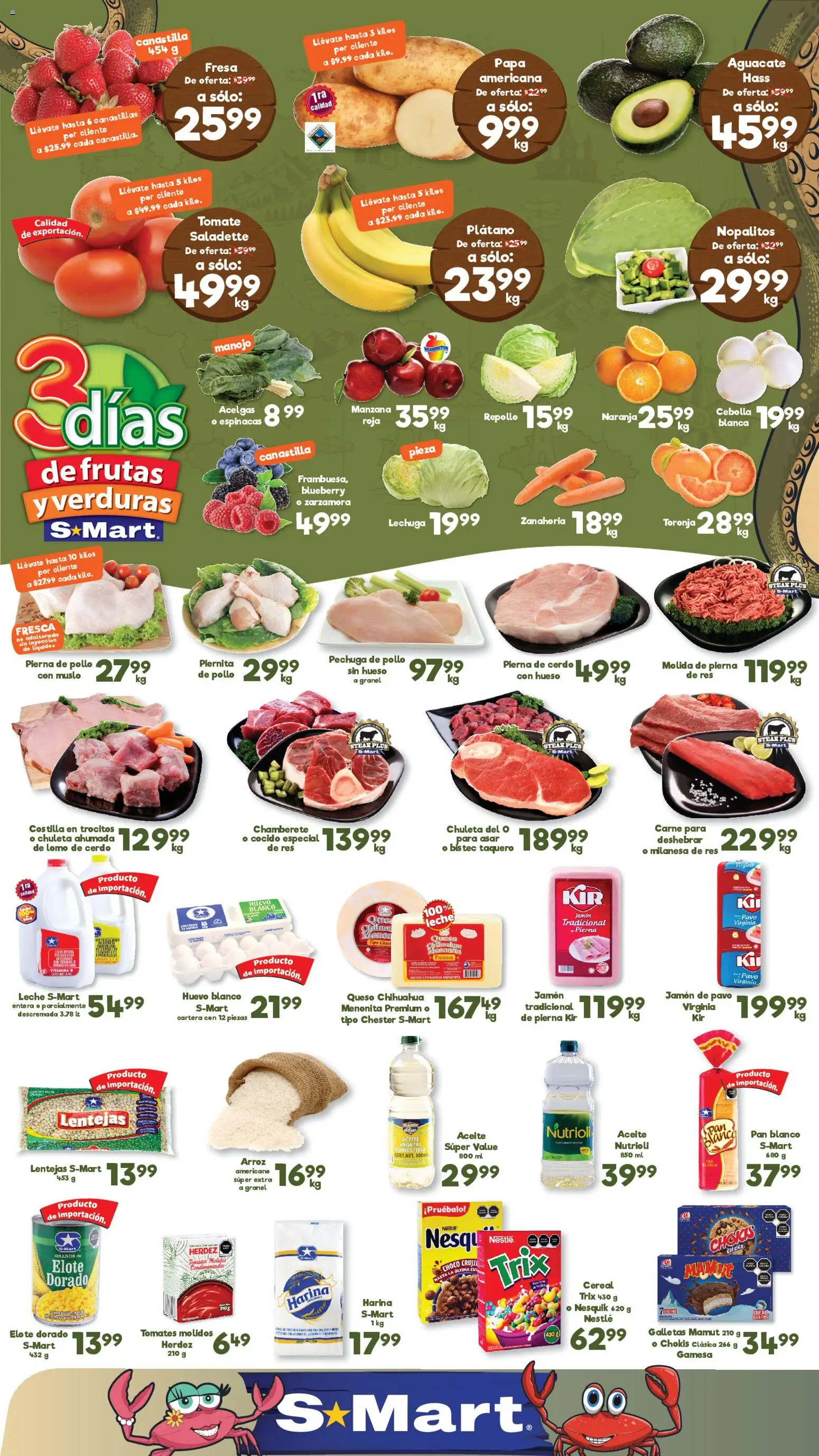 Vista previa las ofertas de la tienda S-Mart - S-Mart folleto Juárez desde el 03/03/2026 - Papa, Leche, Espinacas, Arroz, Cerdo, Bistec, Jamón, Res