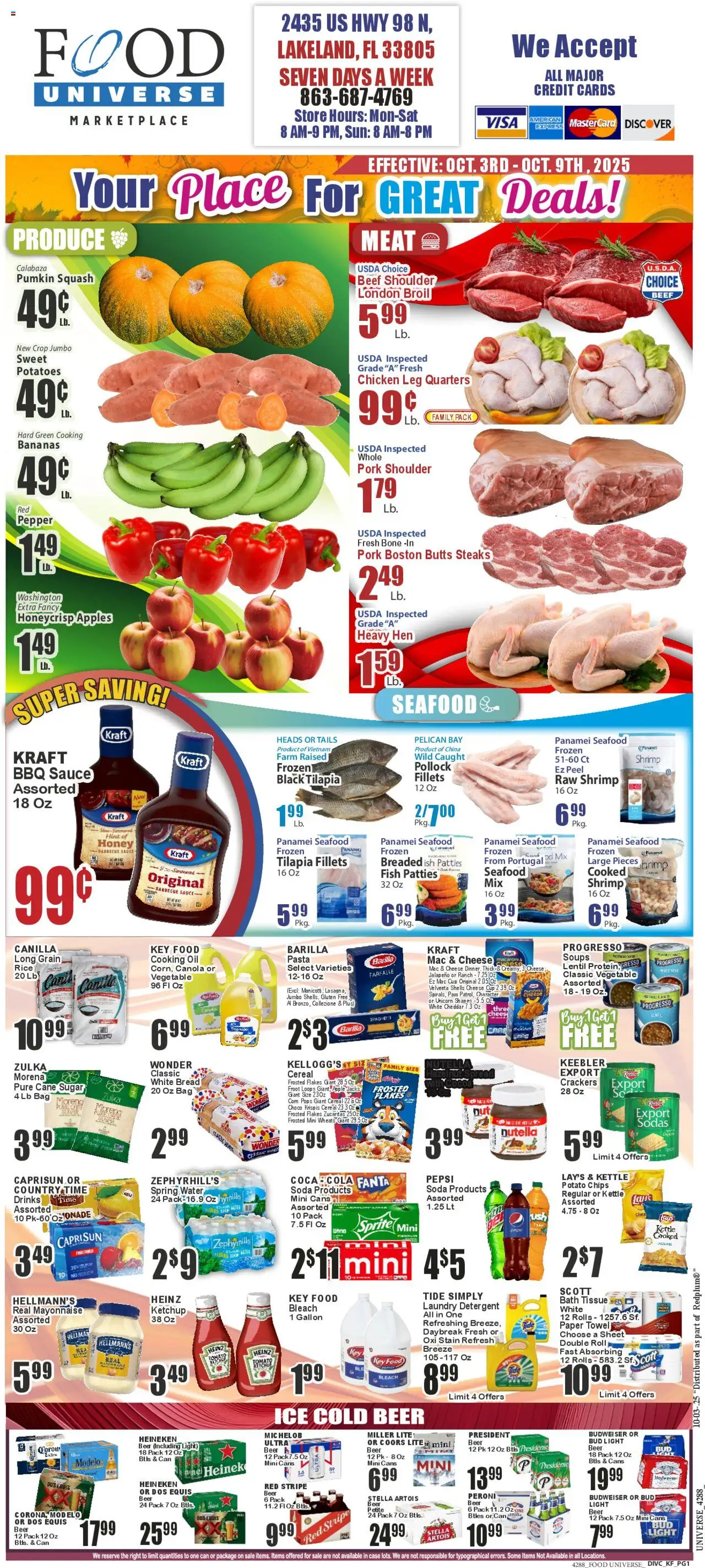Food Universe Weekly Ad from 10/03/2025 - Flyer - Page number 1 - Apples, Seafood, Potatoes, Spaghetti, Cereal, Oil, Beef, Bag