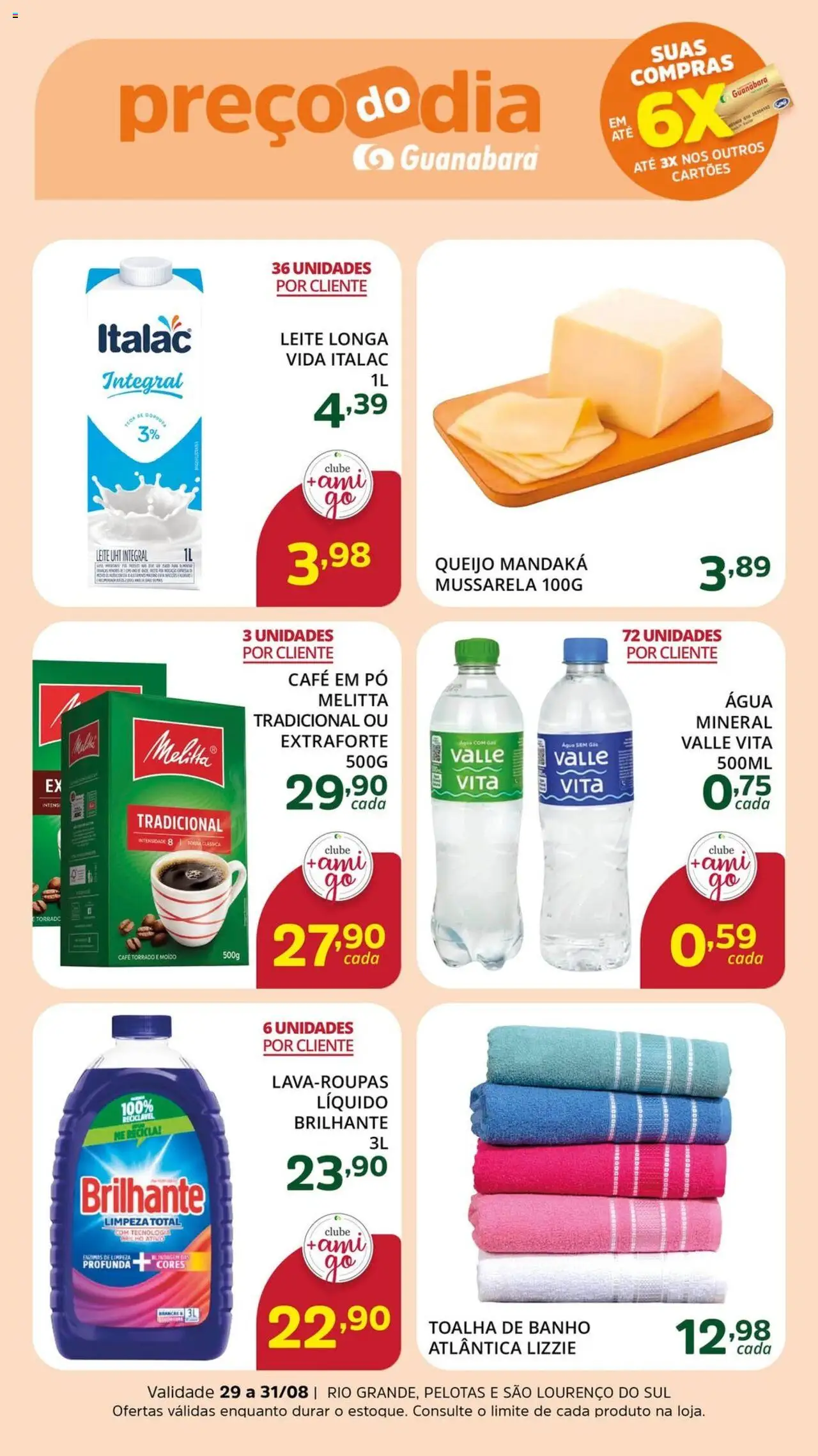 Supermercado Guanabara folheto "Ofertas da semana" válido a partir de 29/08/2025 - número de página 1 - Café, Água, Toalha de banho, Leite, Queijo, Mussarela, Pó, Leite longa vida