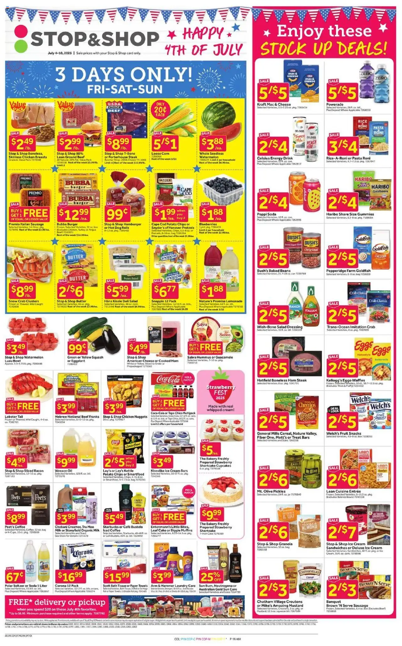Stop & Shop Weekly Ad from 07/04/2025 - Flyer - Page number 1 - Snacks, Cheese, Pickles, Rice, Guacamole, Kale, Ham, Iced coffee