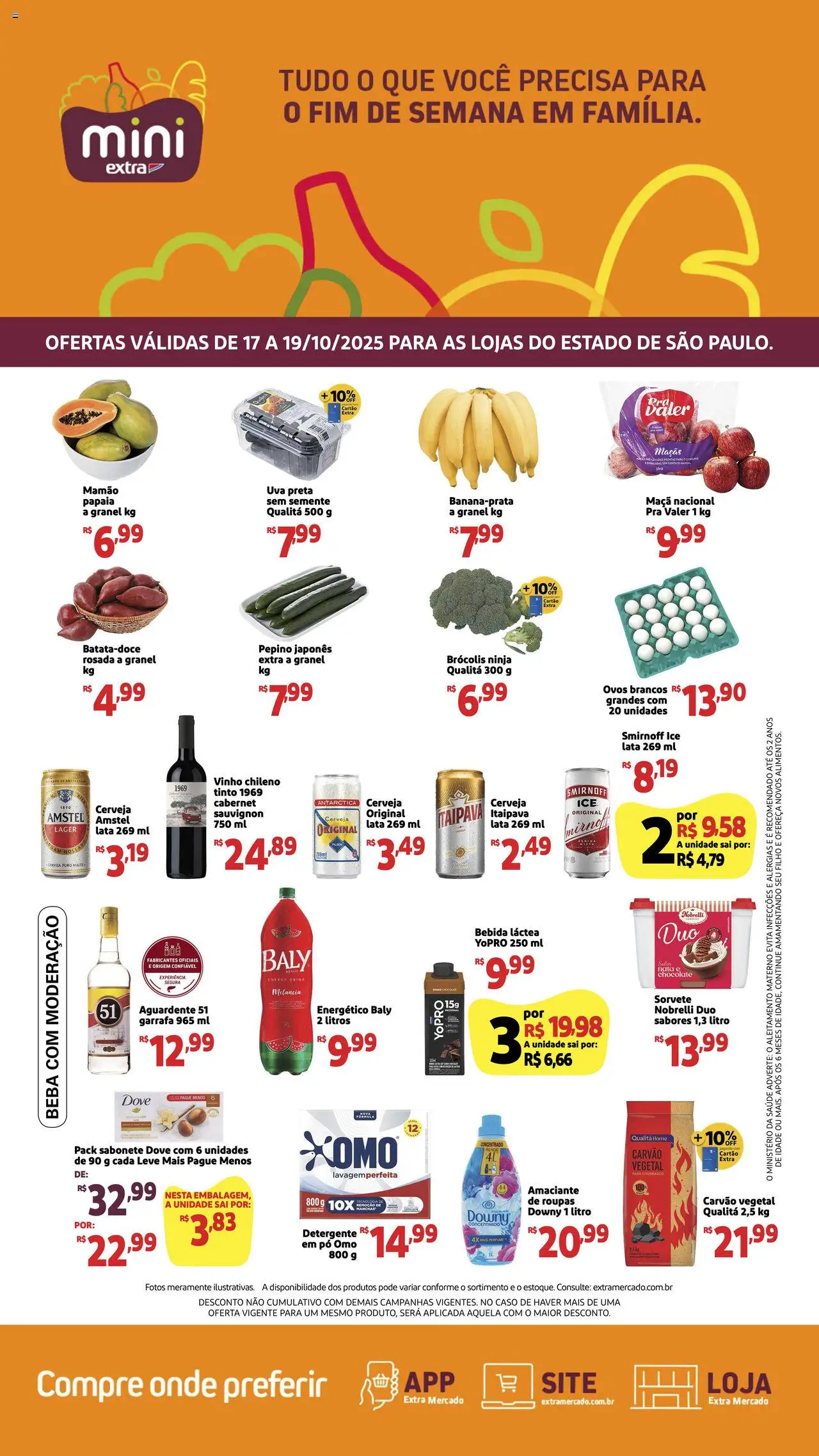 Mini Extra folheto "Ofertas Fim de semana" válido a partir de 17/10/2025 - número de página 1 - Roupas, Melancia, Uva, Maçãs, Bebida, Sabonete, Pó, Pepino japonês